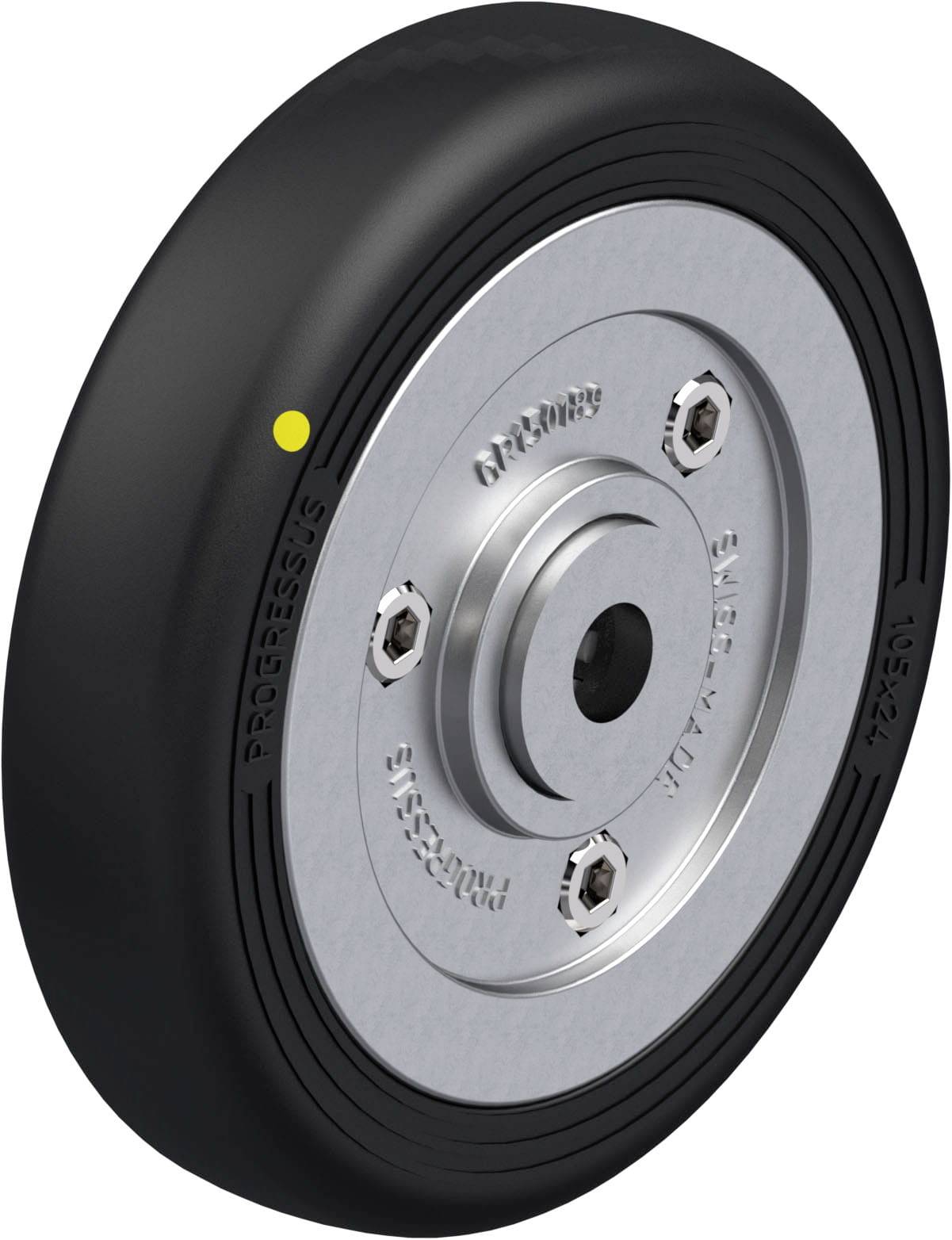 Schwarzes Industrie-Rad mit silbernem Metallkern und gelbem Punkt, geeignet für Schwerlastwagen und Maschinen.