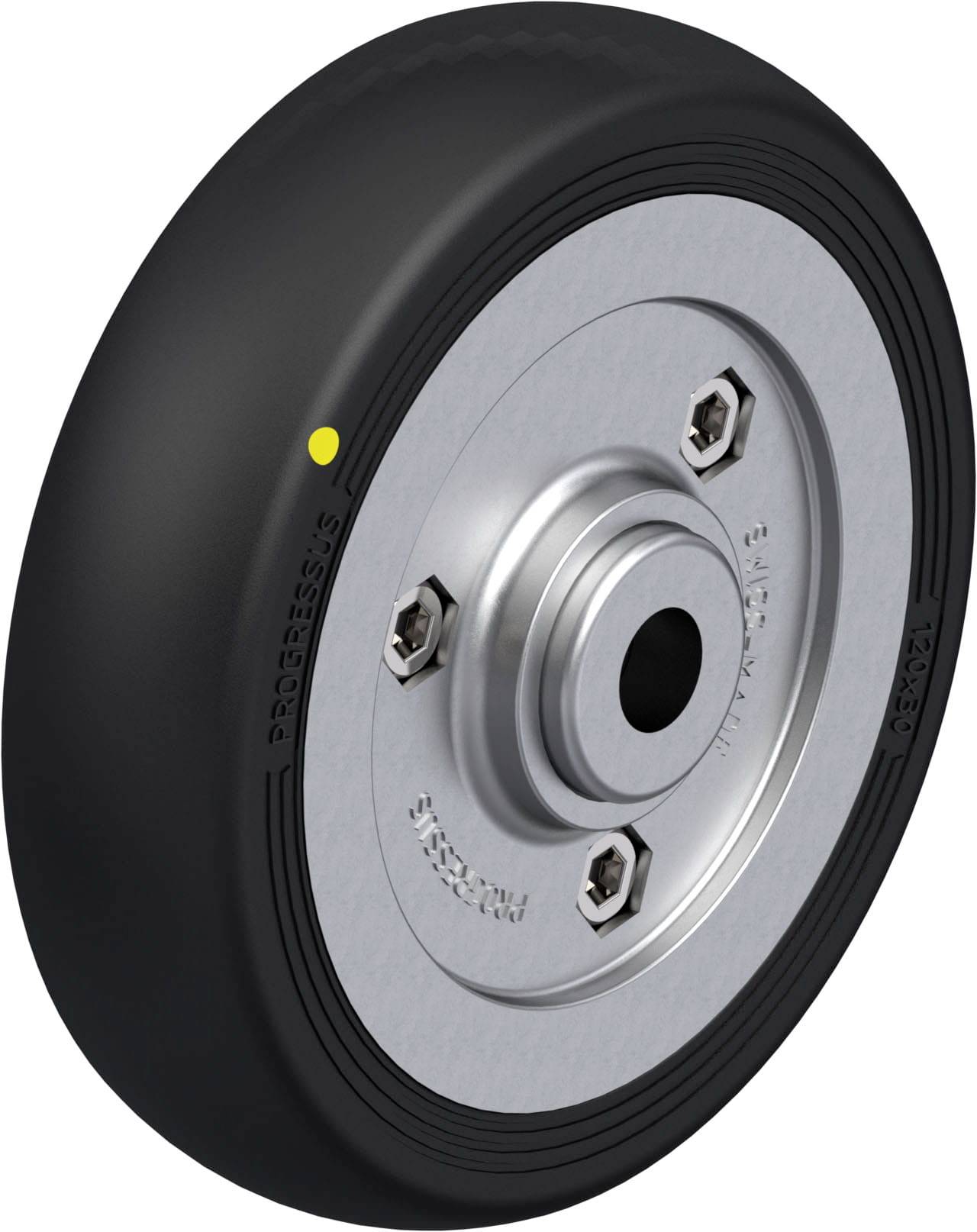 Schwarzes Rad mit Metallfelge und drei Schrauben, seitlich markiert.