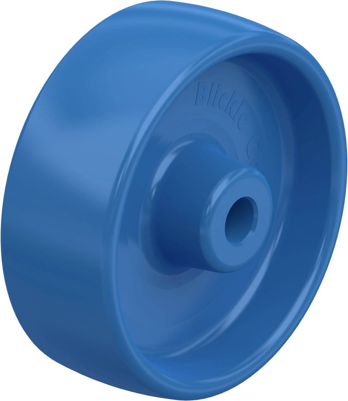 Ein blaues Rad aus Kunststoff, das glatt und zylindrisch geformt ist, mit einem zentralen Loch für eine Achse.