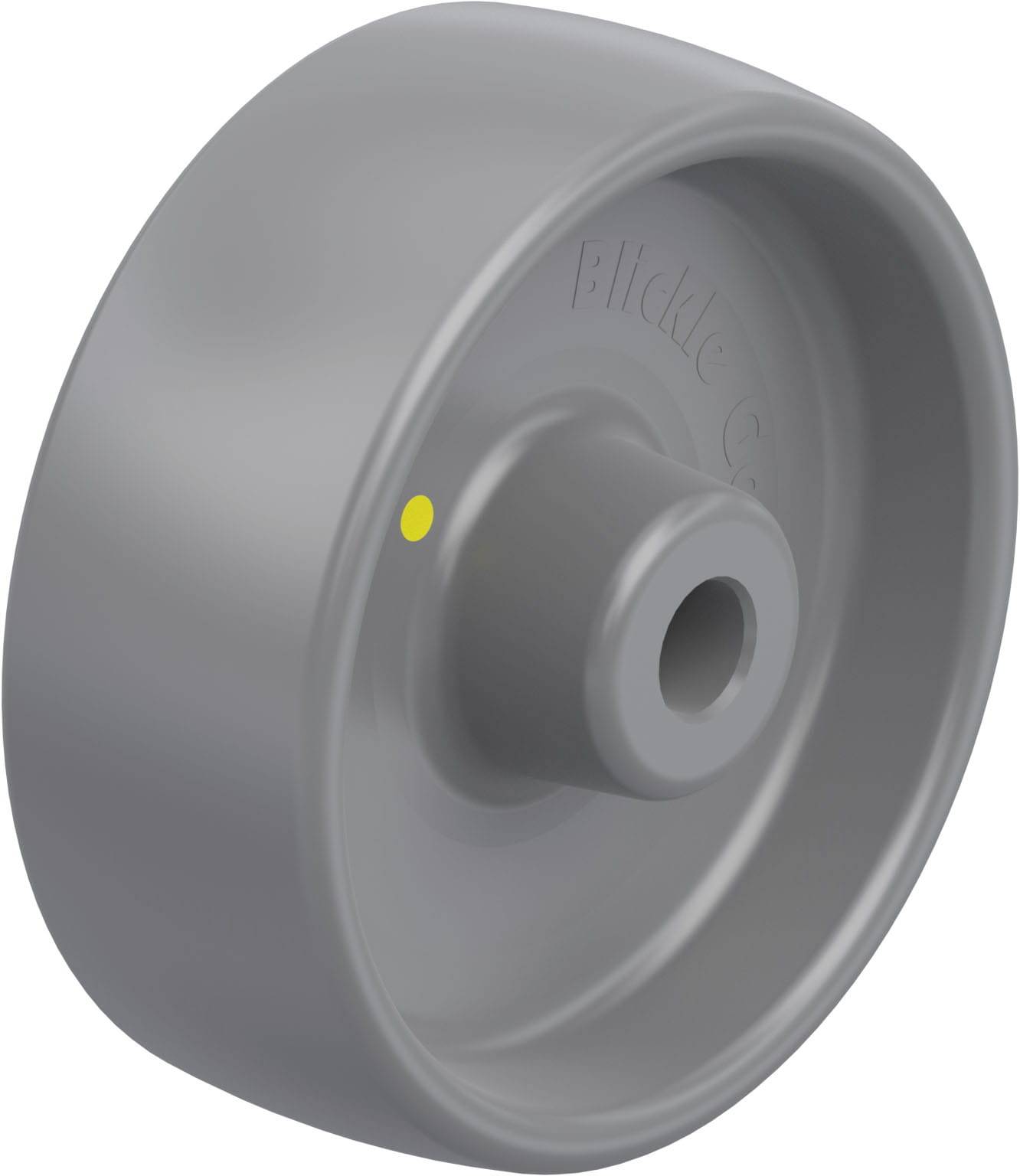 Graues, glattes Rad mit abgerundeten Kanten und einer kleinen gelben Markierung. Wird oft für leise Bewegung verwendet.