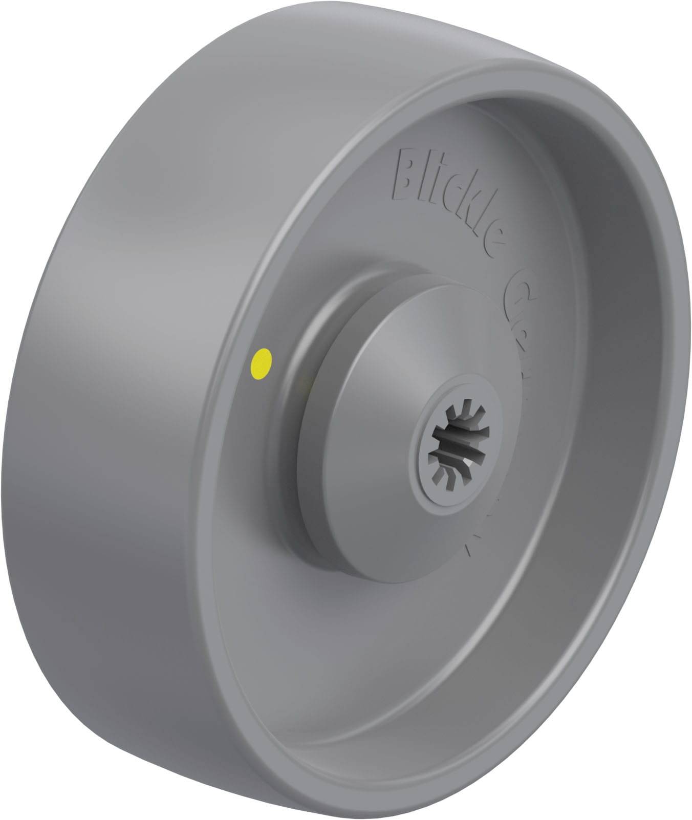 Graues, rundes Bauteil mit hervorstehendem Mittelteil und gelbem Punkt auf der Oberfläche.