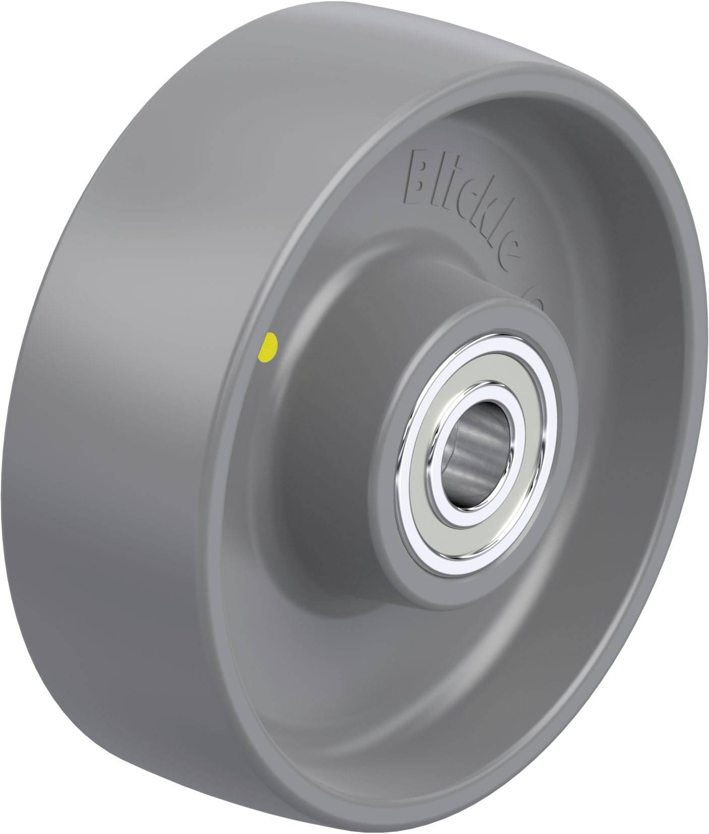 Graues Rad mit zentralem Kugellager, aus Kunststoff gefertigt. Eignet sich zur Verwendung in Möbeln oder Industrieanwendungen.