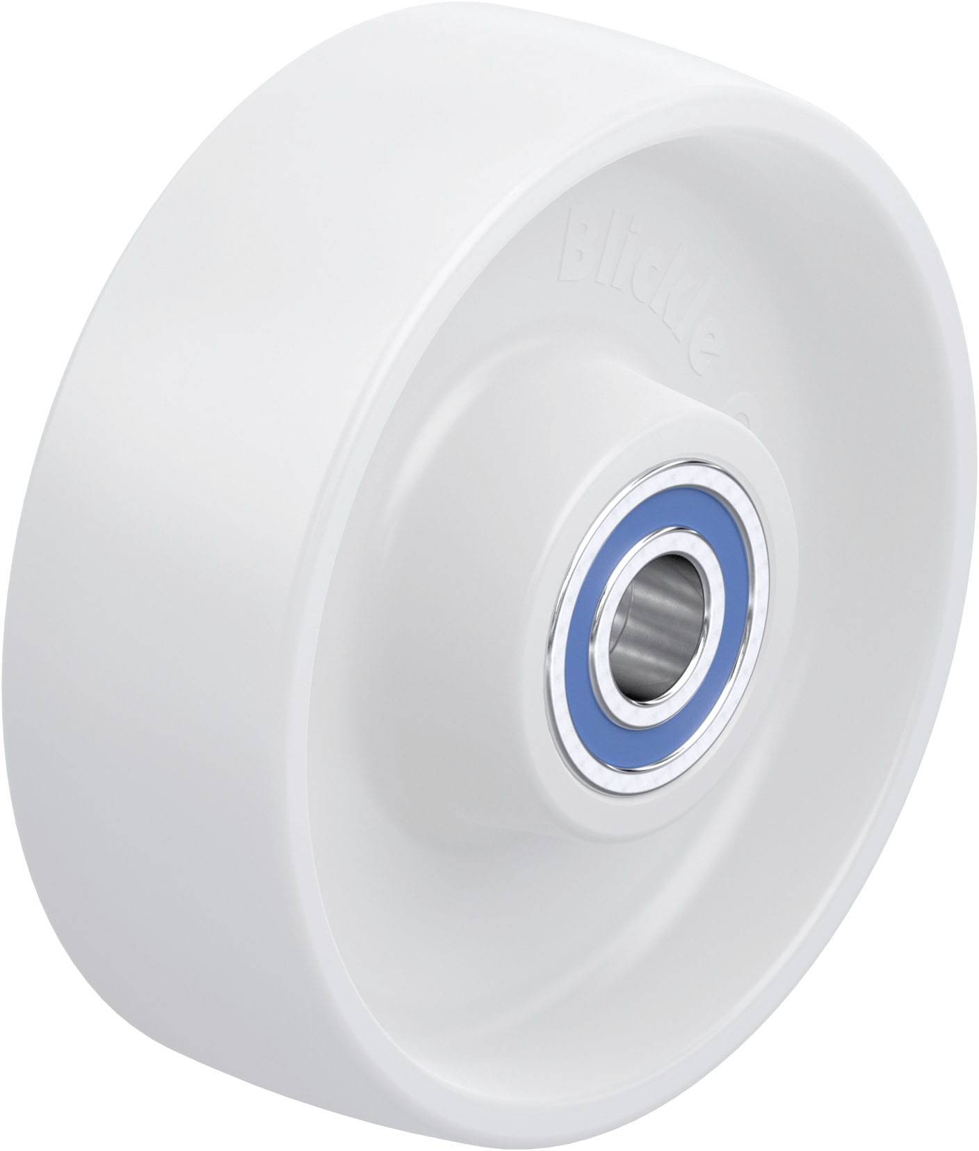 Ein weißes Rad mit einem blauen Ring, wahrscheinlich ein Rollenlager. Geeignet für industrielle Anwendungen oder Transportgeräte.