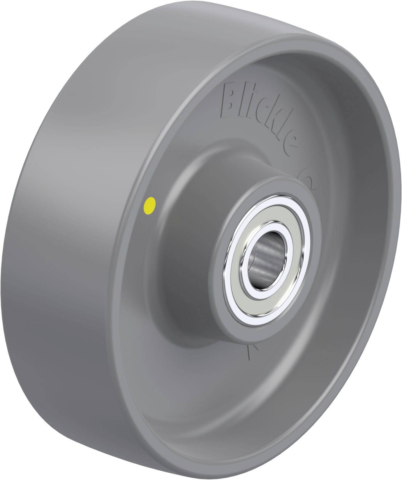 Graues Gummi-Schwenkrad mit Metalllager und gelbem Punkt an der Seite, geeignet für leise und gleitende Bewegung auf diversen Oberflächen.