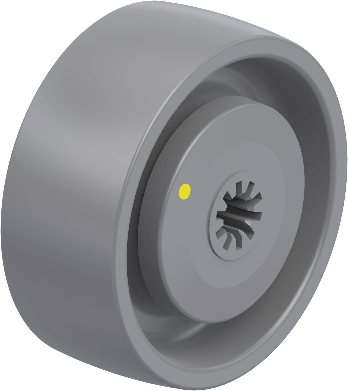 Graues Kunststoffrad mit gezacktem Innenring und gelbem Punkt zur Ausrichtung.