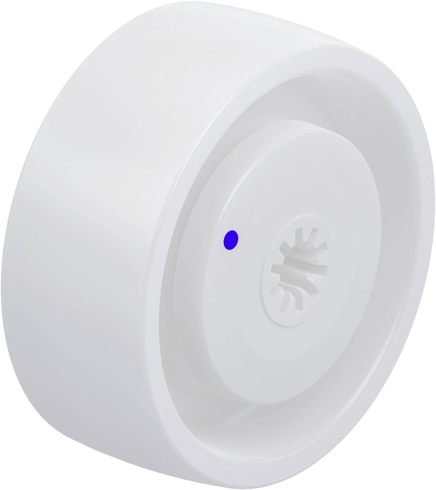 Weißer runder WLAN-Rauchmelder mit blauem LED-Licht in der Mitte, zur Deckenmontage in Wohn- oder Geschäftsräumen.