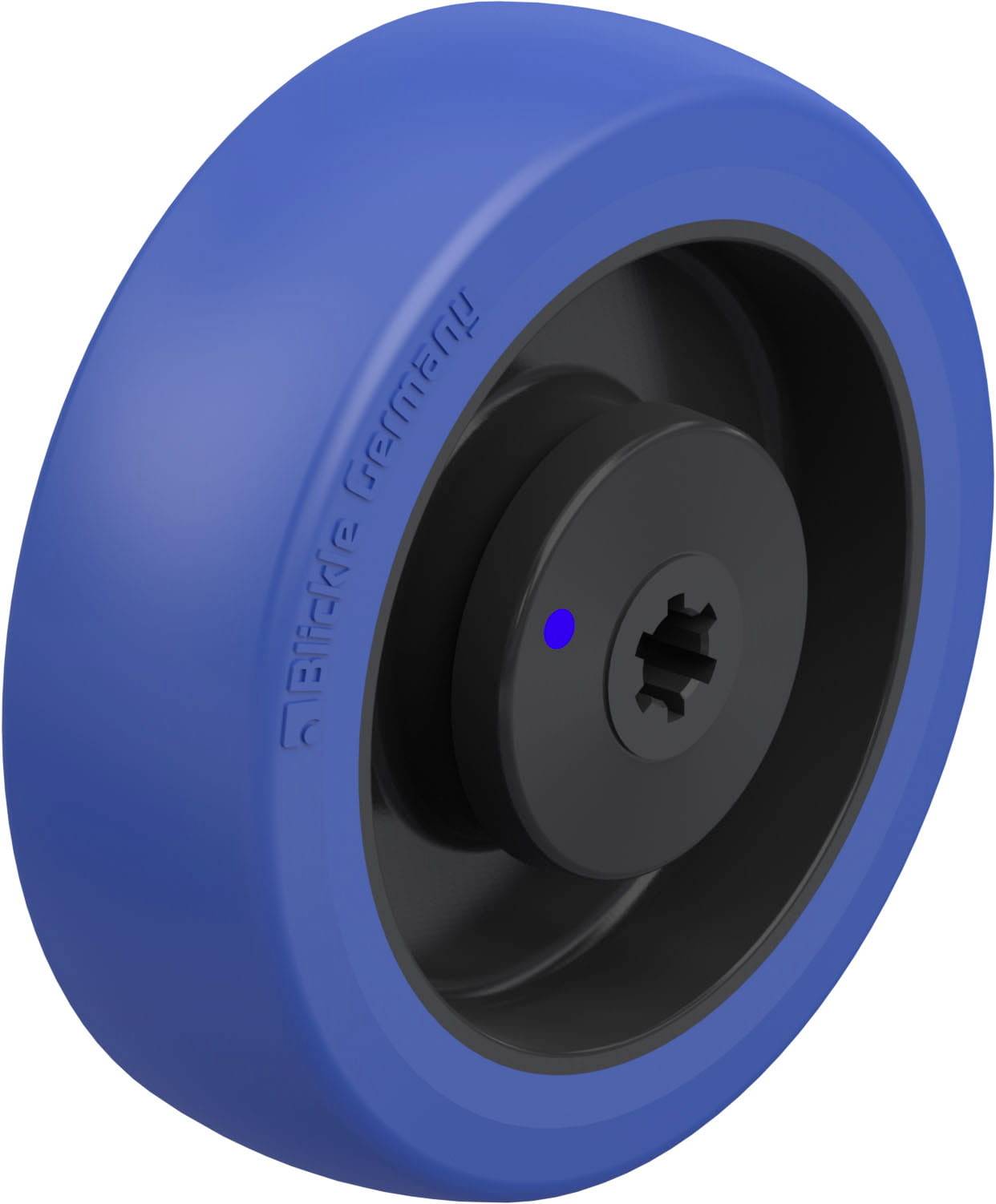 Blaues und schwarzes Rad mit einem Kunststoffkern und einer glatten, abgerundeten Lauffläche, geeignet für Möbel oder Gerätemöbel.