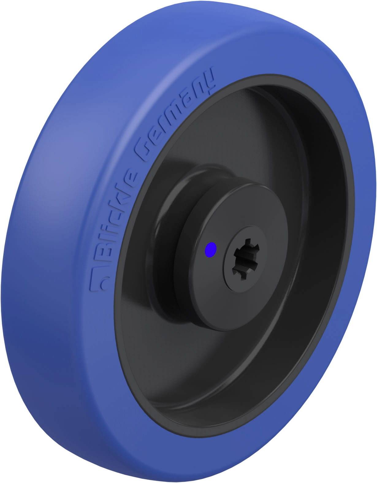 Blaues und schwarzes Industriekunststoffrad mit eingebautem Lager, für Schwerlastanwendungen in der Fertigung konzipiert.