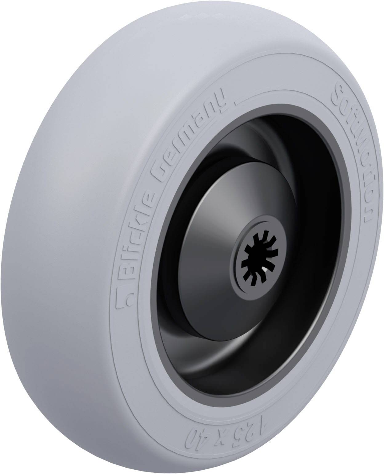 Ein grau-schwarzes Rad mit der Aufschrift 'Softcastor' und 'Elride Germany', geeignet für Möbel oder kleine Transportgeräte.