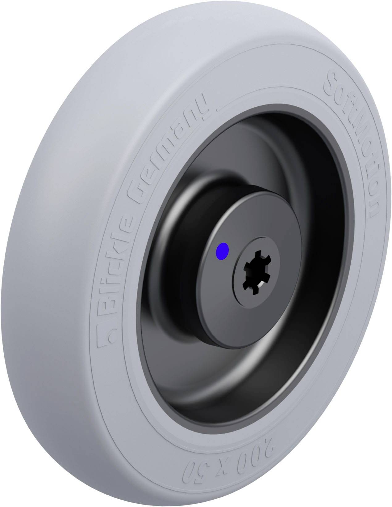 Kunststoffrolle in Grau mit schwarzer Nabe und kleinem blauen Punkt, geeignet für Transportwagen oder Möbel.