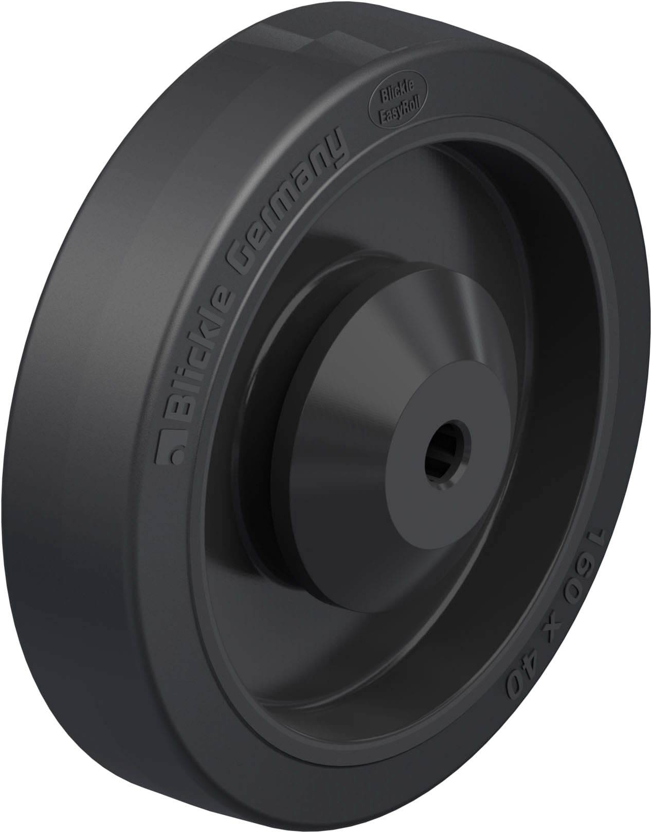 Industrie-Rad in Schwarz, beschriftet mit 'Blickle Germany'. Kunststoffmaterial, geeignet für Transportgeräte und Maschinen.