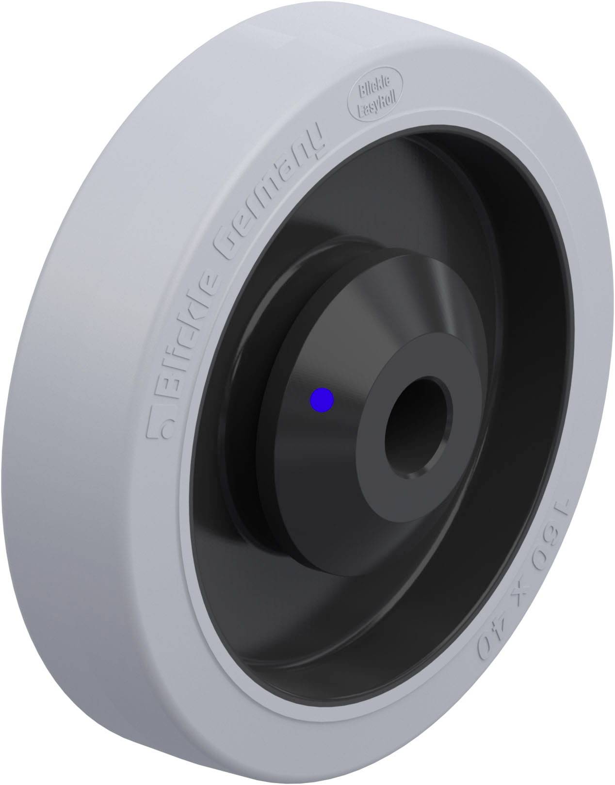 'Rundes, schwarzes Rad mit grauer Felge aus Kunststoff, seitlich beschriftet mit 'Bielefeld, Germany'.'