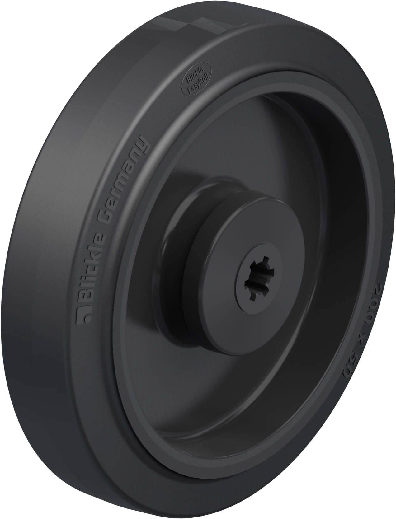 Ein schwarzes Rad, hergestellt von Biele Germany, geeignet für schwere Lasten. Es zeigt keine weitere Umgebung oder Anwendung.