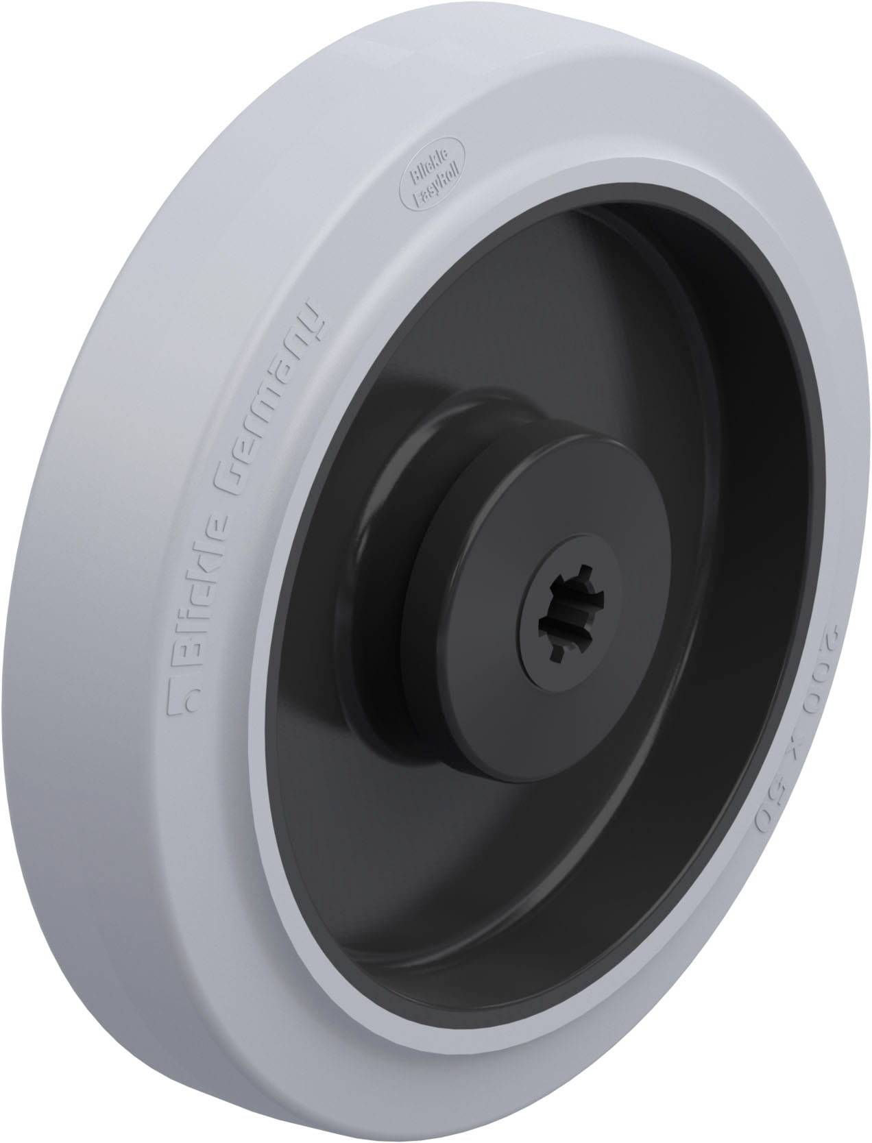 Graues Industrierad aus Kunststoff mit schwarzem Radkern und Gehäuse, geeignet für Maschinen- oder Möbelunterbau.