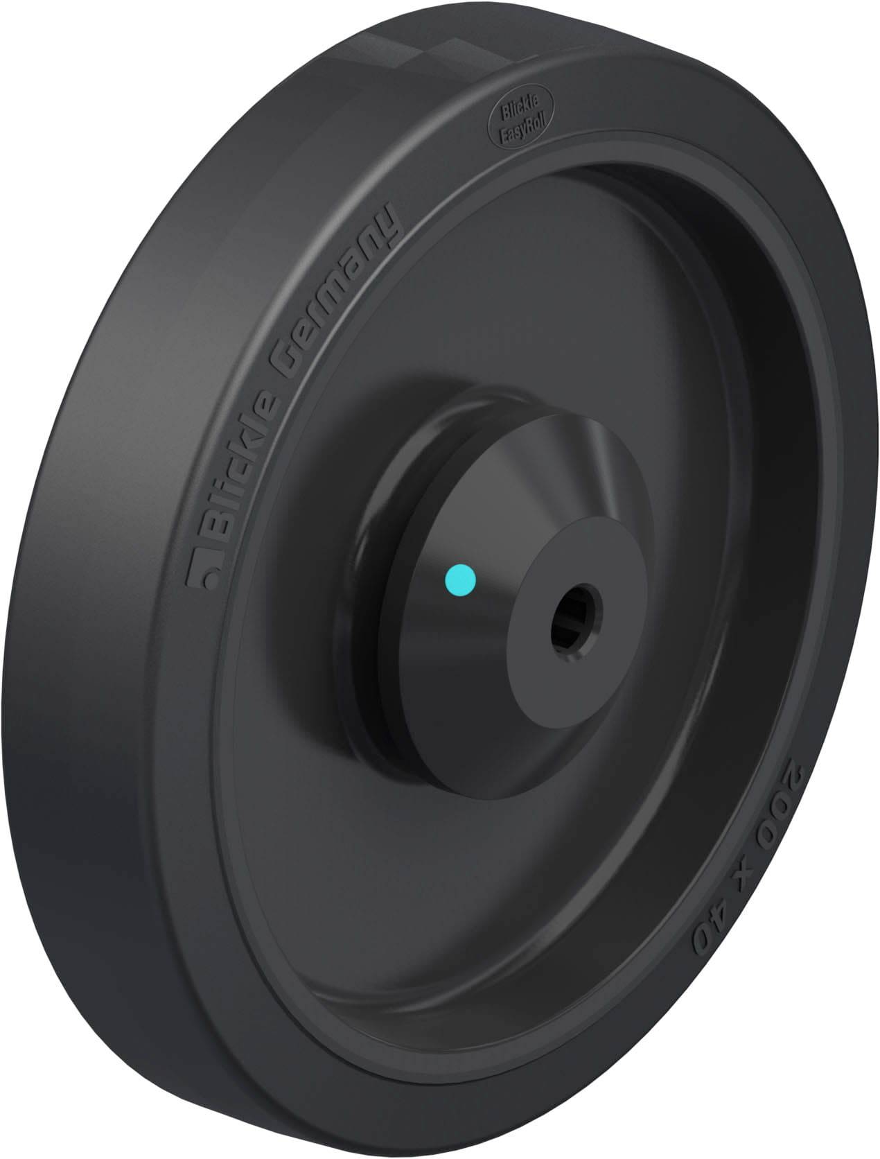 Ein schwarzes Rad mit einem zentralen Loch, geeignet für Maschinen oder Geräte, mit einer Schrift am Rand, auf weißem Hintergrund.