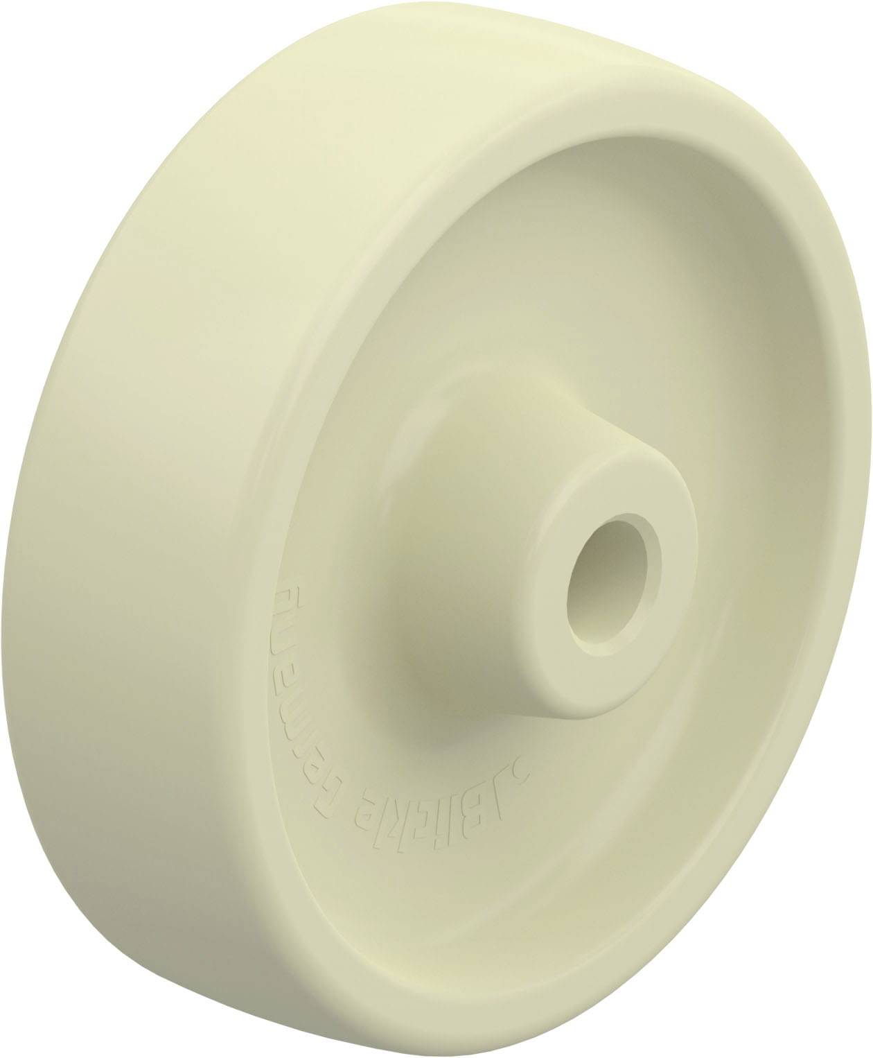 Beige Rolle mit zylindrischer Form und achslosem Loch in der Mitte. Eignet sich für Anwendungen wie Möbel oder industrielle Geräte.
