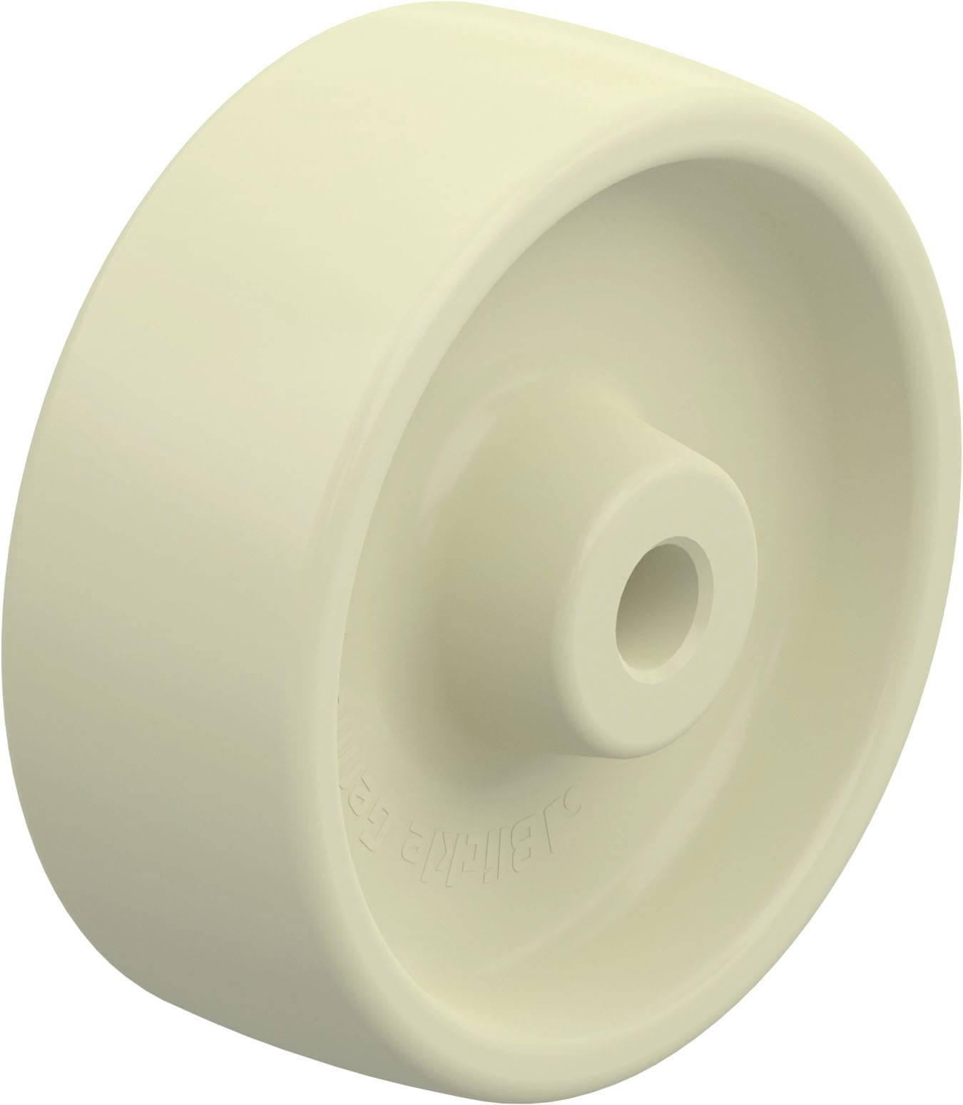 Beige, rundes, festes Rad aus Kunststoff mit glatter Oberfläche und zentraler Befestigungsbohrung.