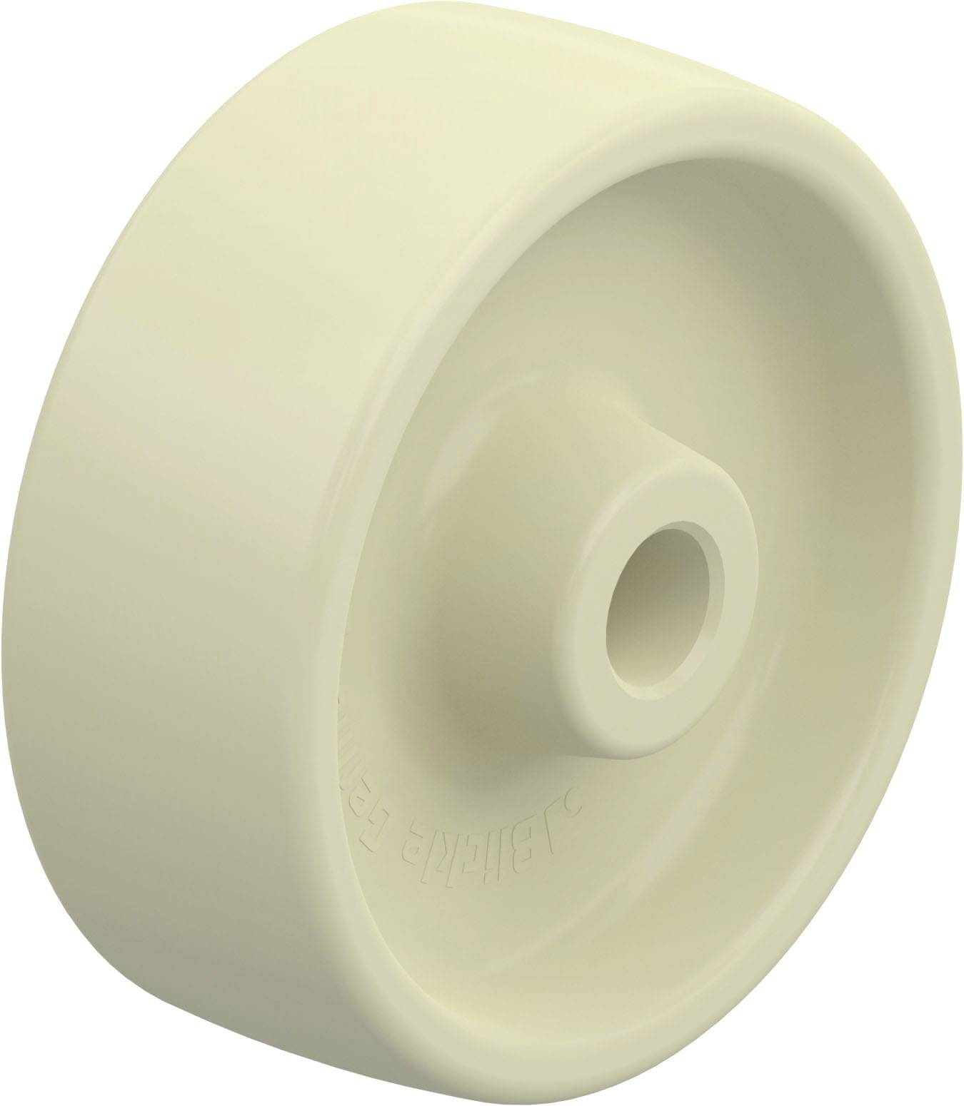 Elfenbeinfarbene Kunststoffrolle mit glatter Oberfläche und mittigem Loch, geeignet für Möbel oder Elektrozubehör.