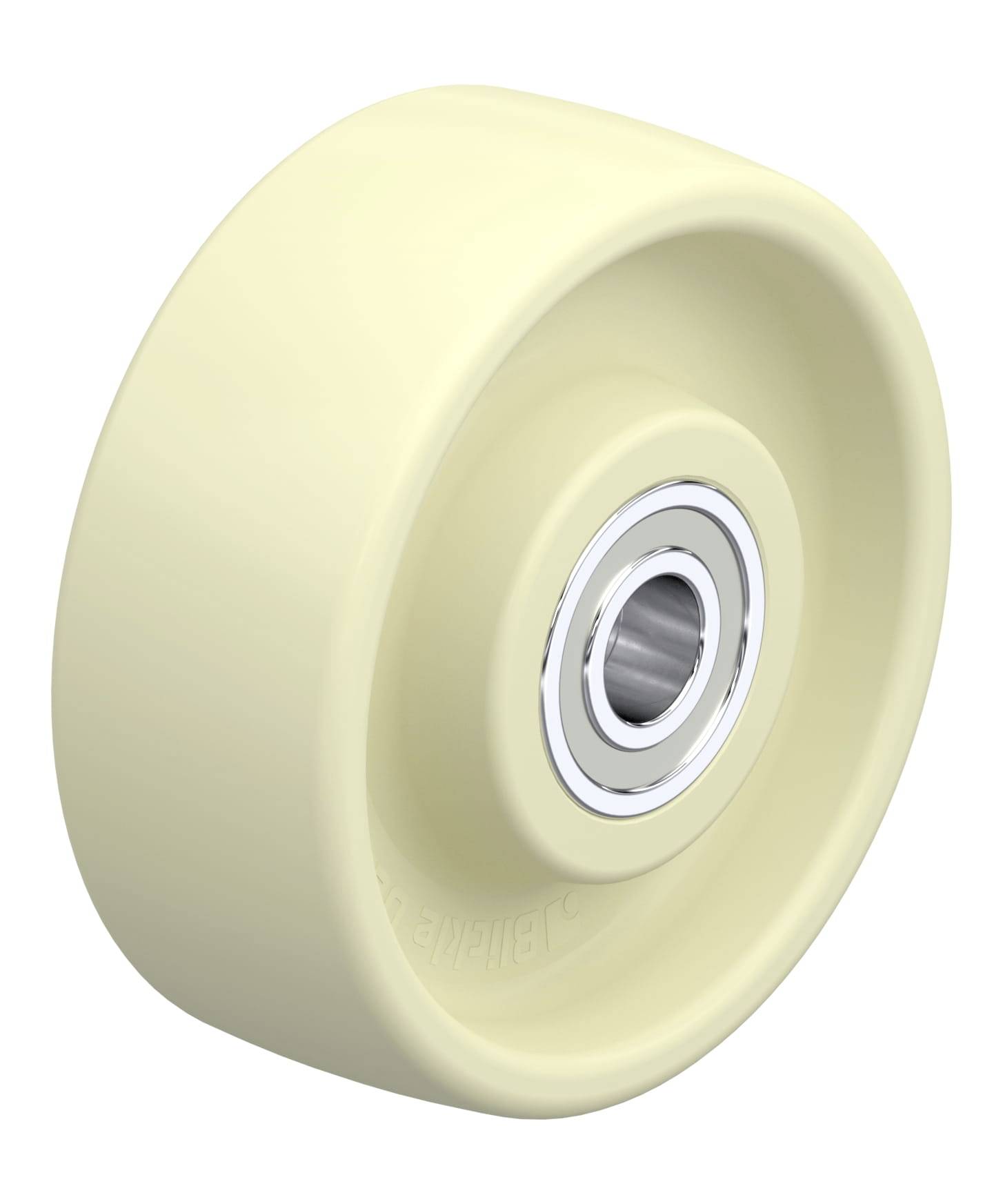 Beige Kunststoffrad mit integriertem Metallkugellager.