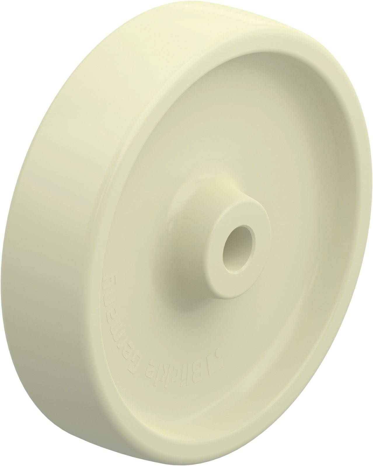 Beige Kunststoffrad mit zentraler Öffnung, glatt und rund, auf weißem Hintergrund.