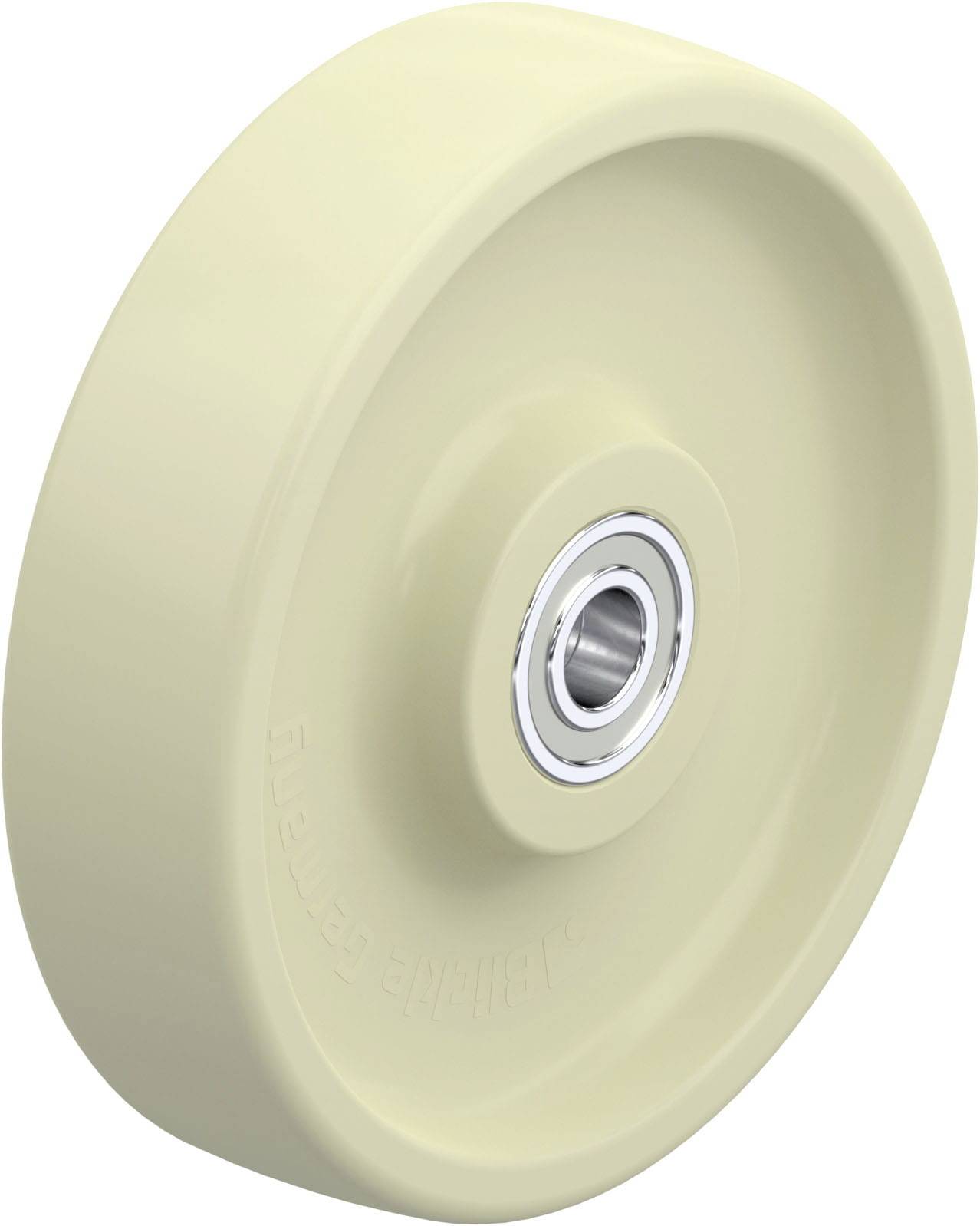 Beige Kunststoffrad mit silbernem Kugellager in der Mitte. Eignet sich für leichte bis mittlere Belastungen in Möbel- oder Transportrollen.