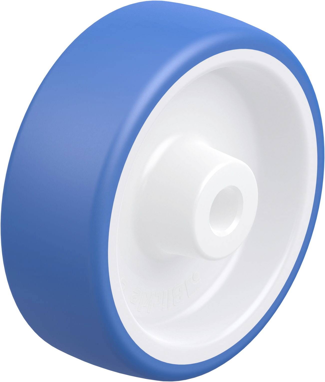 Blaues und weißes Rad, möglicherweise für Möbelrollen oder Wagen, mit glatter Oberfläche und zylindrischem Design.