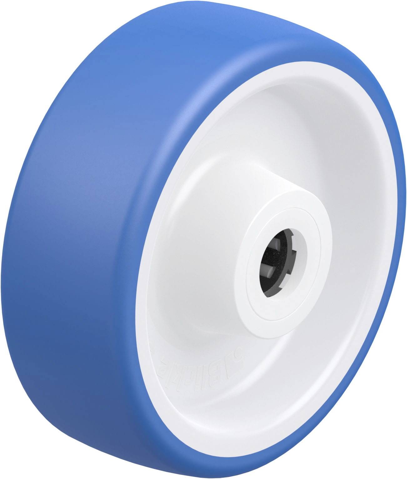 Ein blau-weißes Rad mit glattem Profil und schwarzer Metallnabe, geeignet für den Einsatz an Transportwagen oder Geräten.