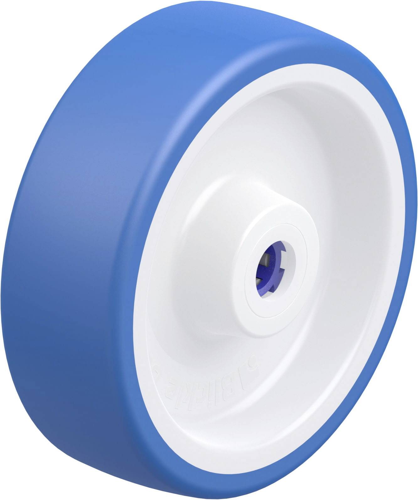 Blau-weißes Rad aus Kunststoff, Seitenansicht. Geeignet für Rollstühle oder Transportwagen.