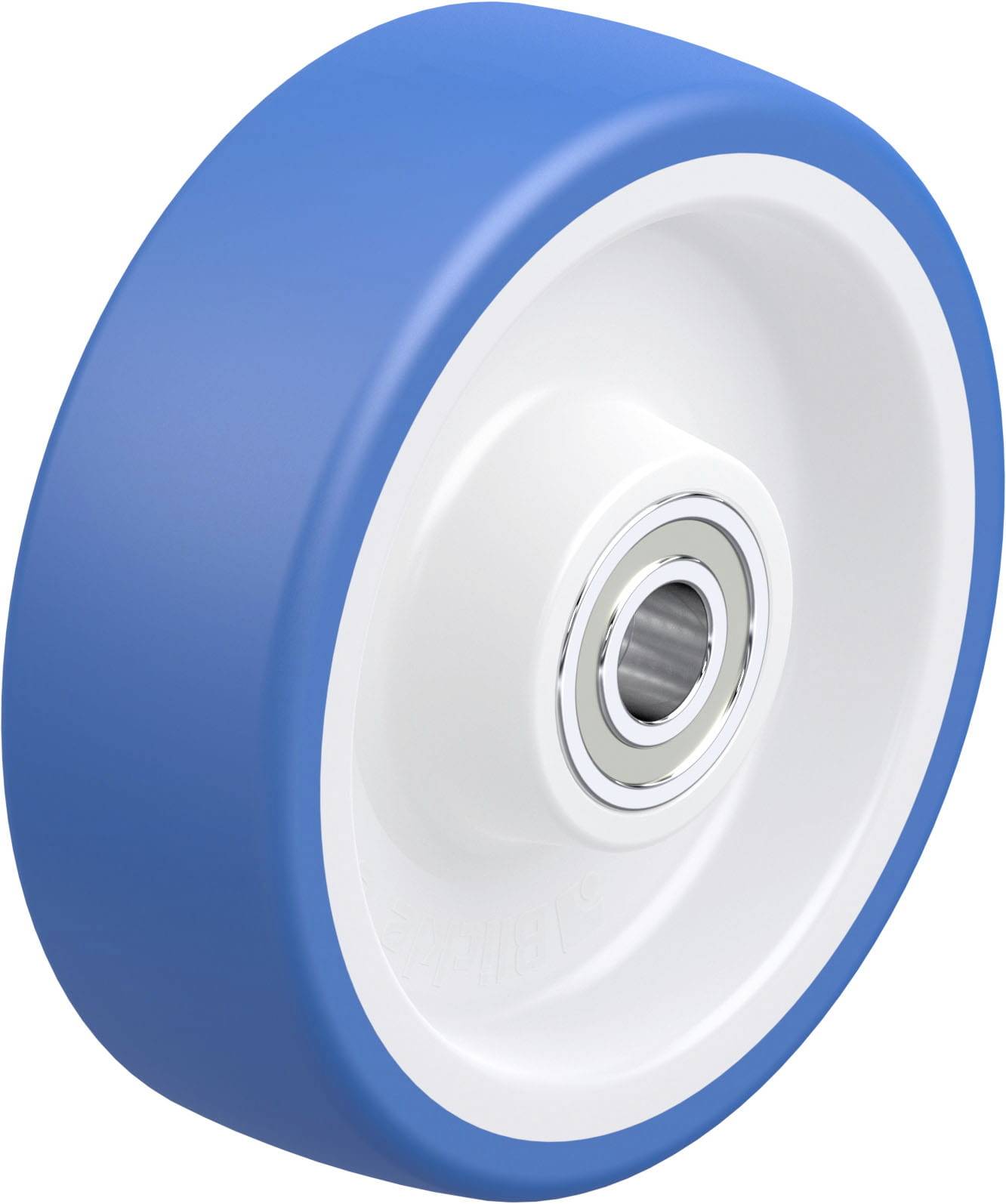 Blau-weißes Rad aus Kunststoff mit Kugellager, seitliche Ansicht. Verwendet für Transportwagen oder Möbel, robust und langlebig.