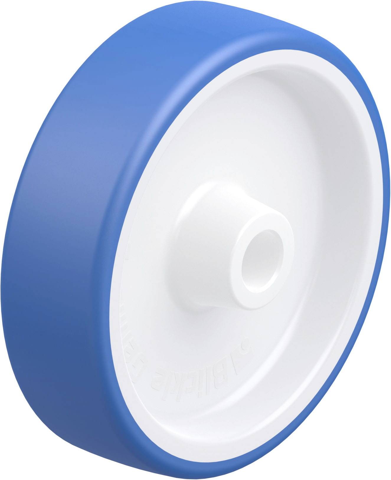 Ein blau-weißes Kunststoffrad mit glatter Oberfläche und zentraler Achsöffnung. Geeignet für leichte Lasten und geräuscharmen Lauf.