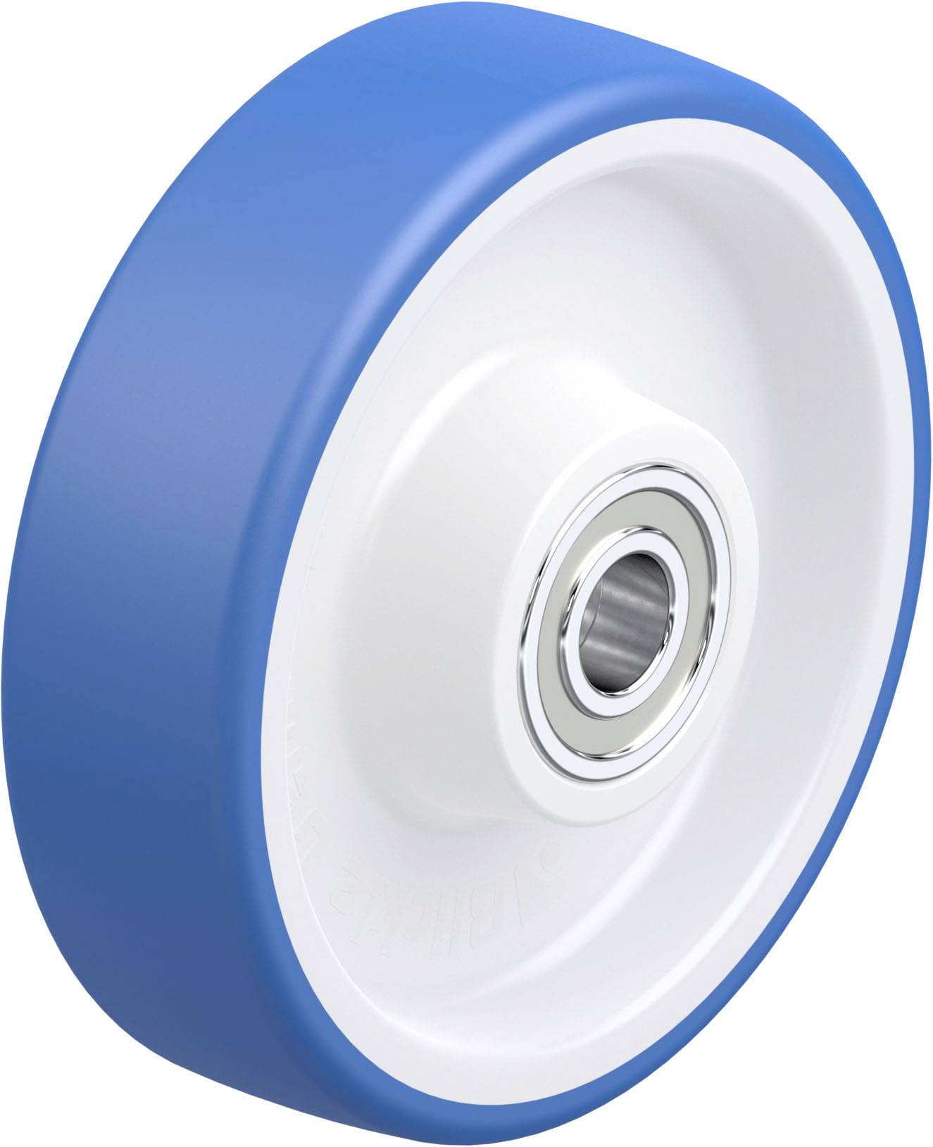 Ein blau-weißes Rad mit Metalllager, häufig in Wagen oder Geräten verwendet.