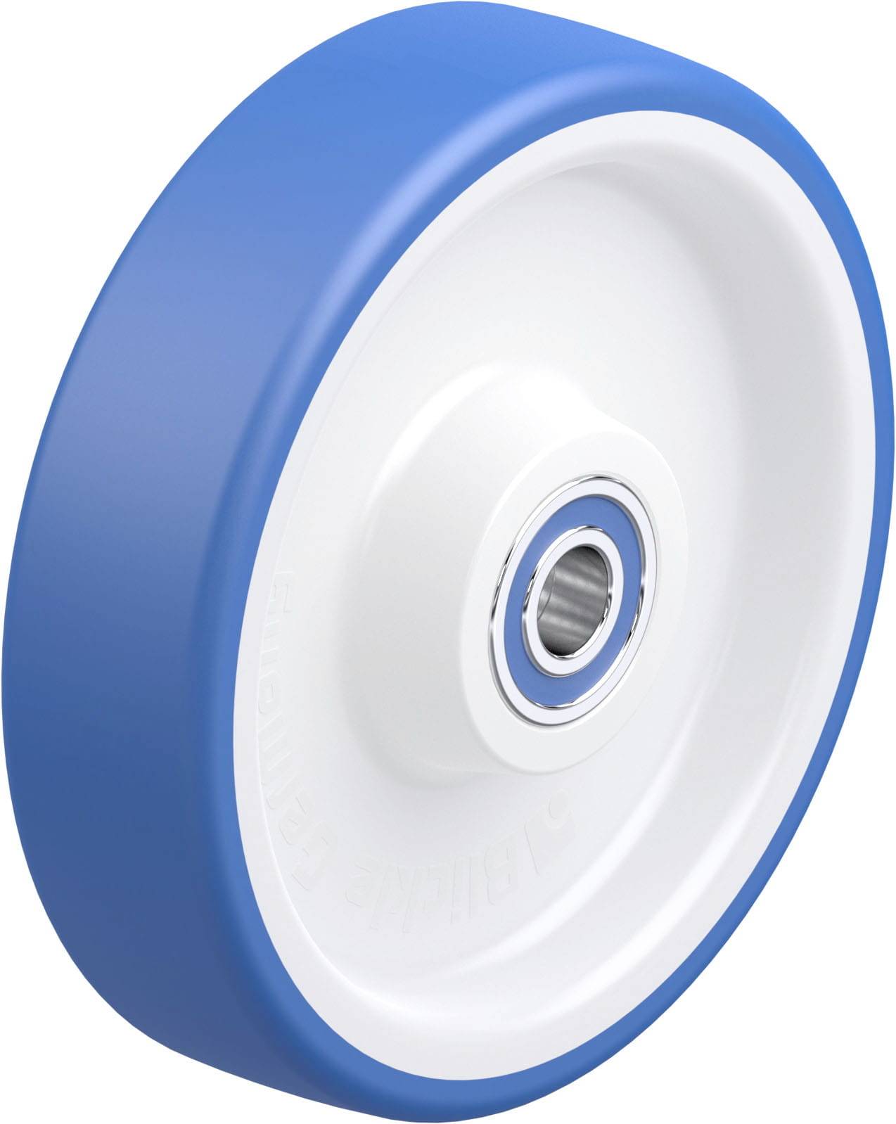 Kunststoffrad mit blauem Reifen und weißer Felge, Lager in der Mitte sichtbar.
