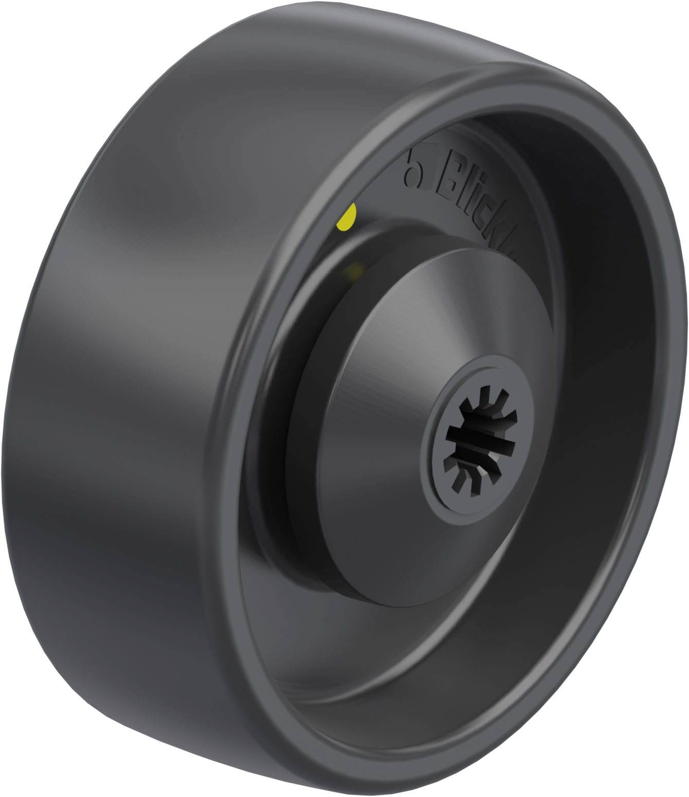 Ein schwarzes, rundes Rad mit einer gezahnten inneren Öffnung, geeignet für rollende Anwendungen oder als Ersatzteil.