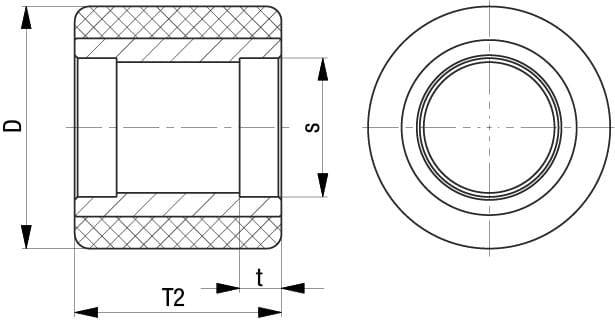 Technische Zeichnung eines zylindrischen Bauteils mit Maßen D, T2, t und s. Vorderansicht und Draufsicht sind dargestellt.