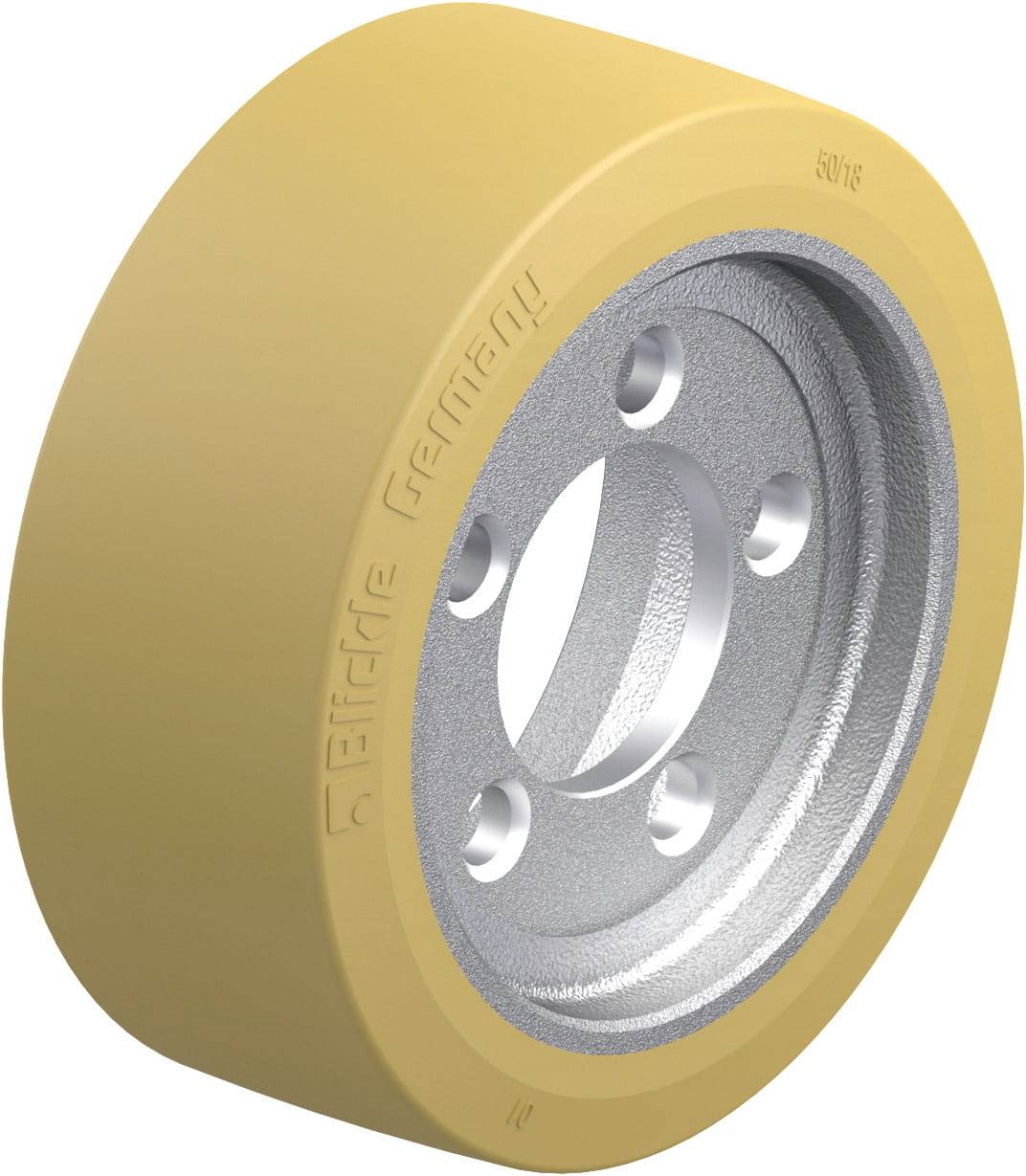 Industrie-Rad aus Metall mit gelber Gummilauffläche, fünf Löcher im Inneren, geeignet für Förderbänder oder schwere Maschinen.