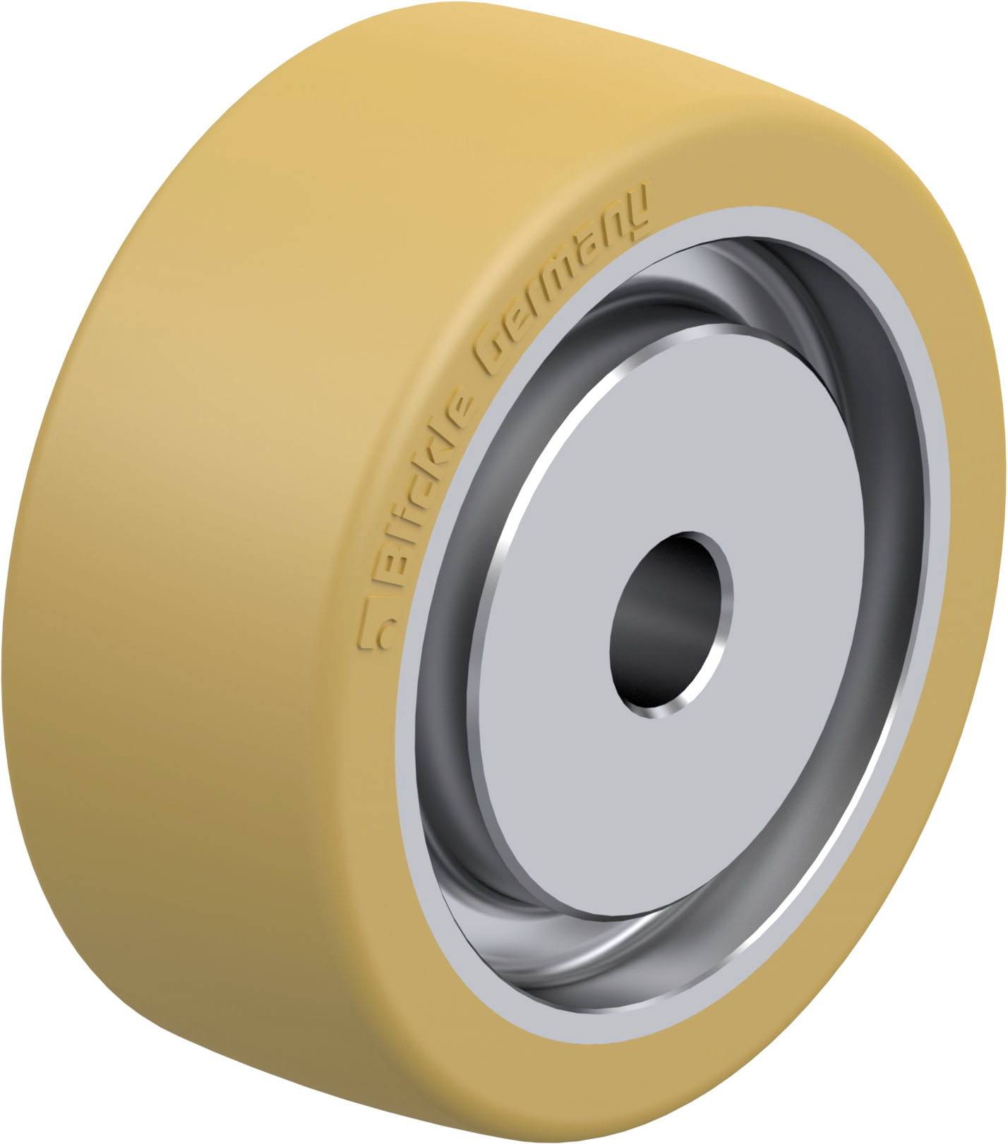 Ein einzelnes gelbes Rad oder Rolle mit Metallkern, geeignet für Industrieausrüstungen oder Möbel.