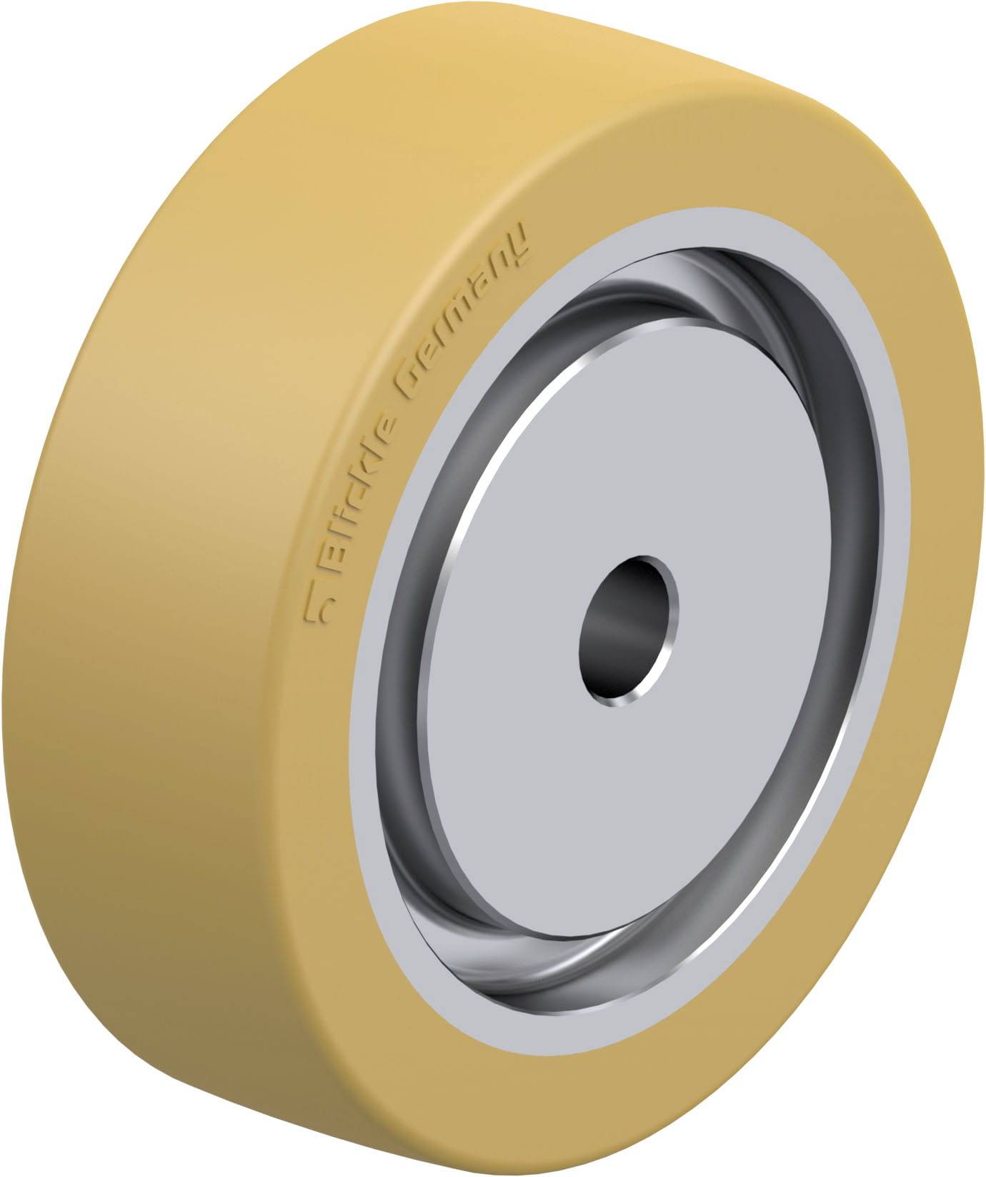 Ein Einzelrad mit gelber Gummibeschichtung und silbernem Metallkern, geeignet für Transportwagen auf glatten Flächen.