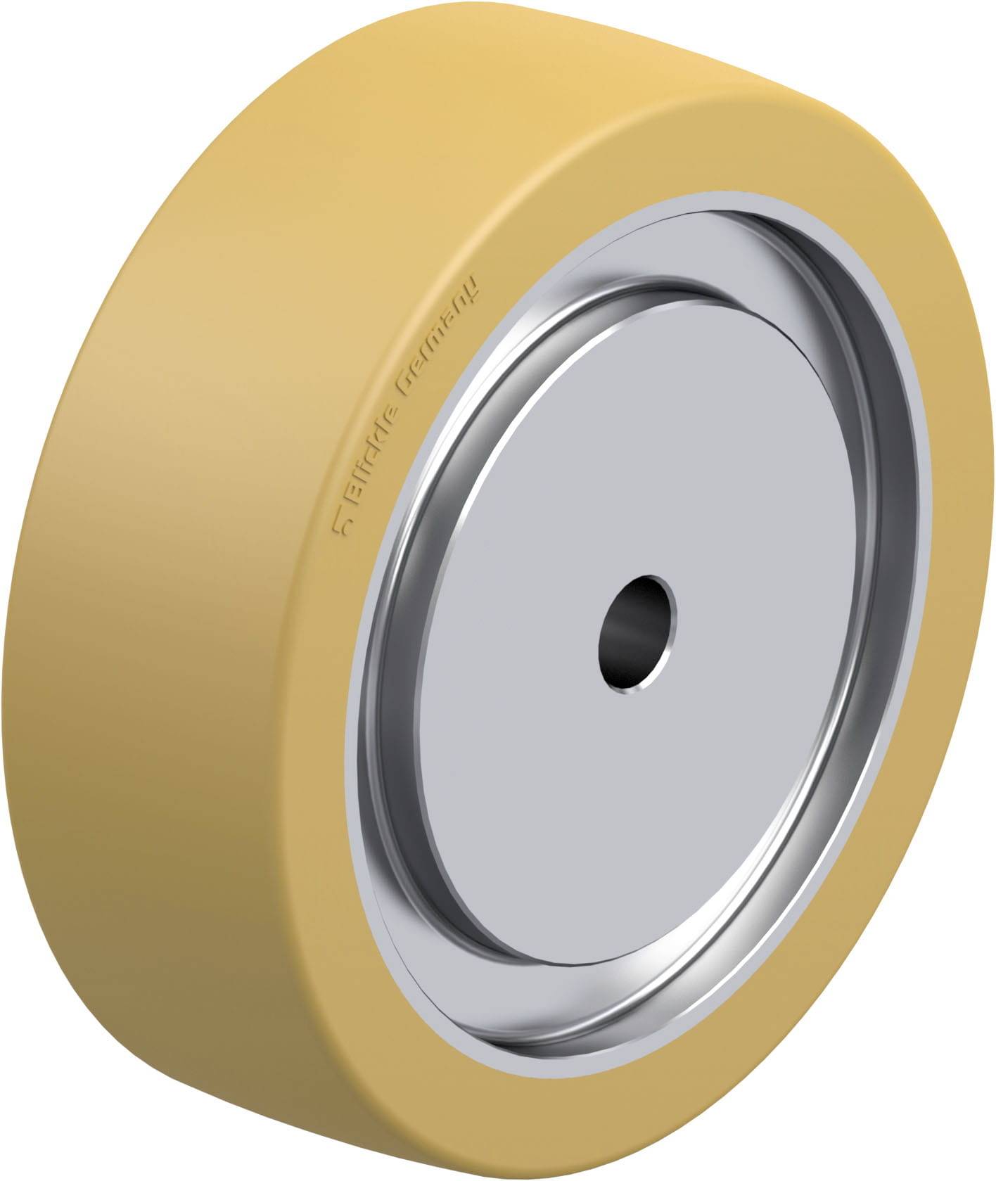 Industrie-Rad mit orangefarbenem Polyurethan-Laufbelag und silbernem Stahlkern, geeignet für Anwendungen mit hoher Belastung.