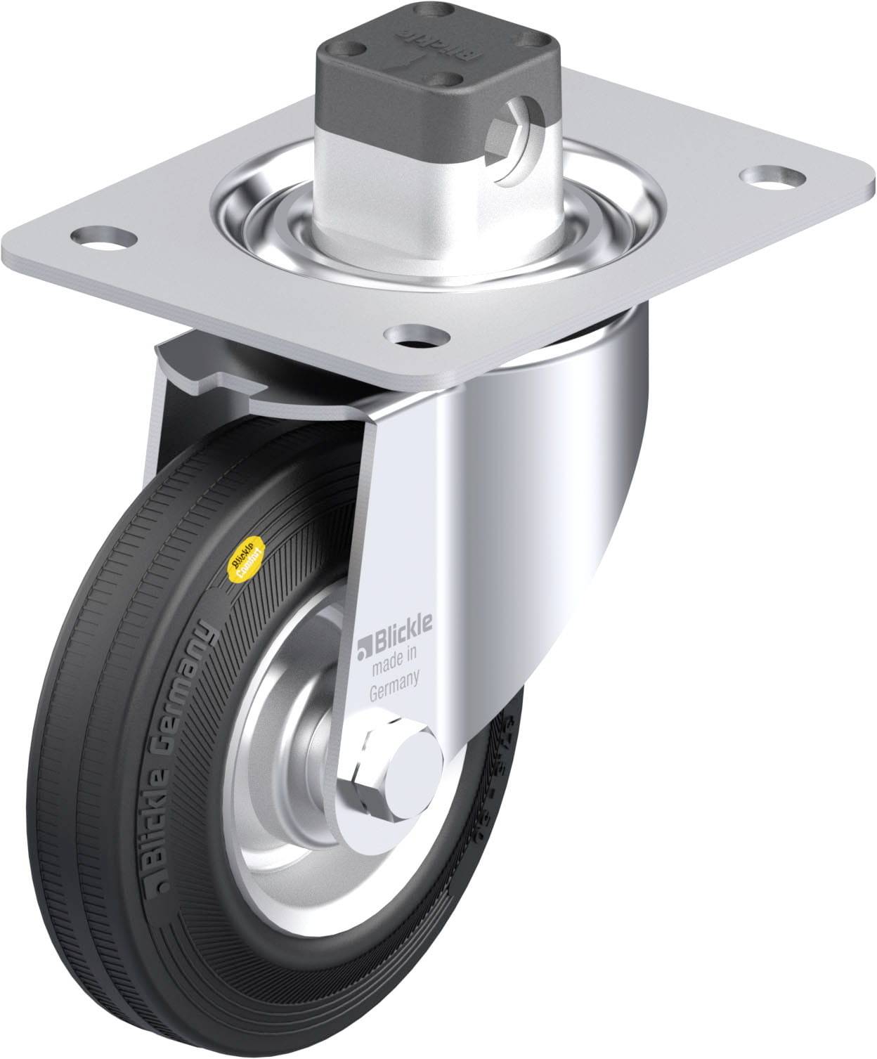 Eine einzelne Lenkrolle mit Metallgehäuse und schwarzem Rad, geeignet für industrielle Anwendungen. Markenname sichtbar auf dem Gehäuse.