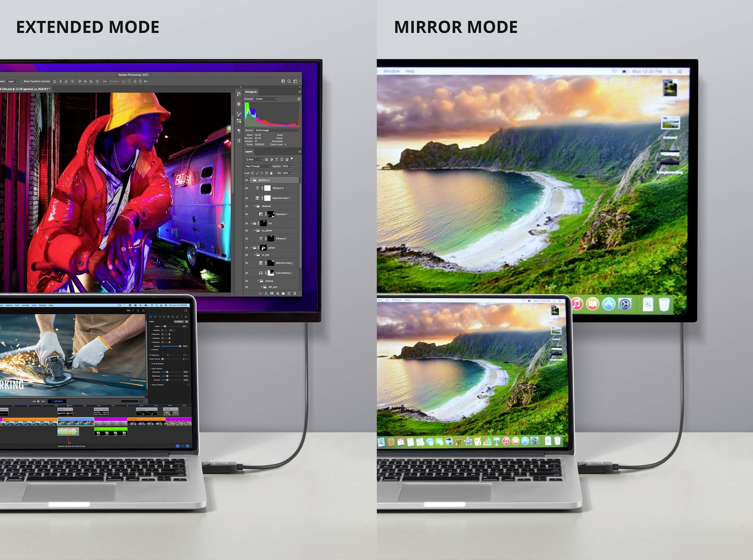 'Zwei Bildschirmeinstellungen: Links 'Erweiterter Modus' mit Designsoftware, rechts 'Spiegelmodus' mit Landschaftsfoto auf Laptop und Monitor.'