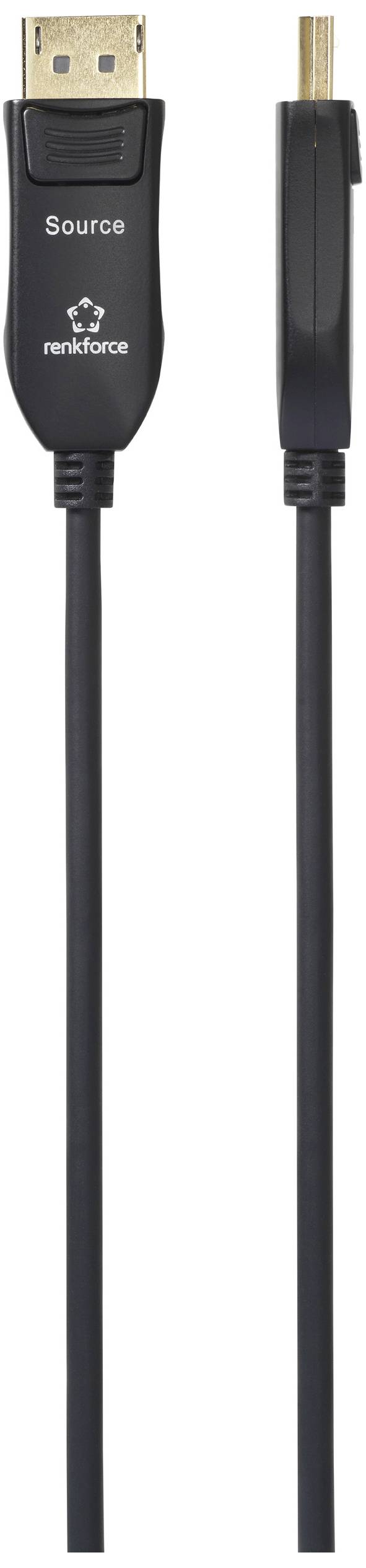 Ein schwarzes HDMI-Kabel mit dem Text 'Source', geeignet zur Verbindung von Audio- und Videogeräten. Linker Stecker sichtbar.