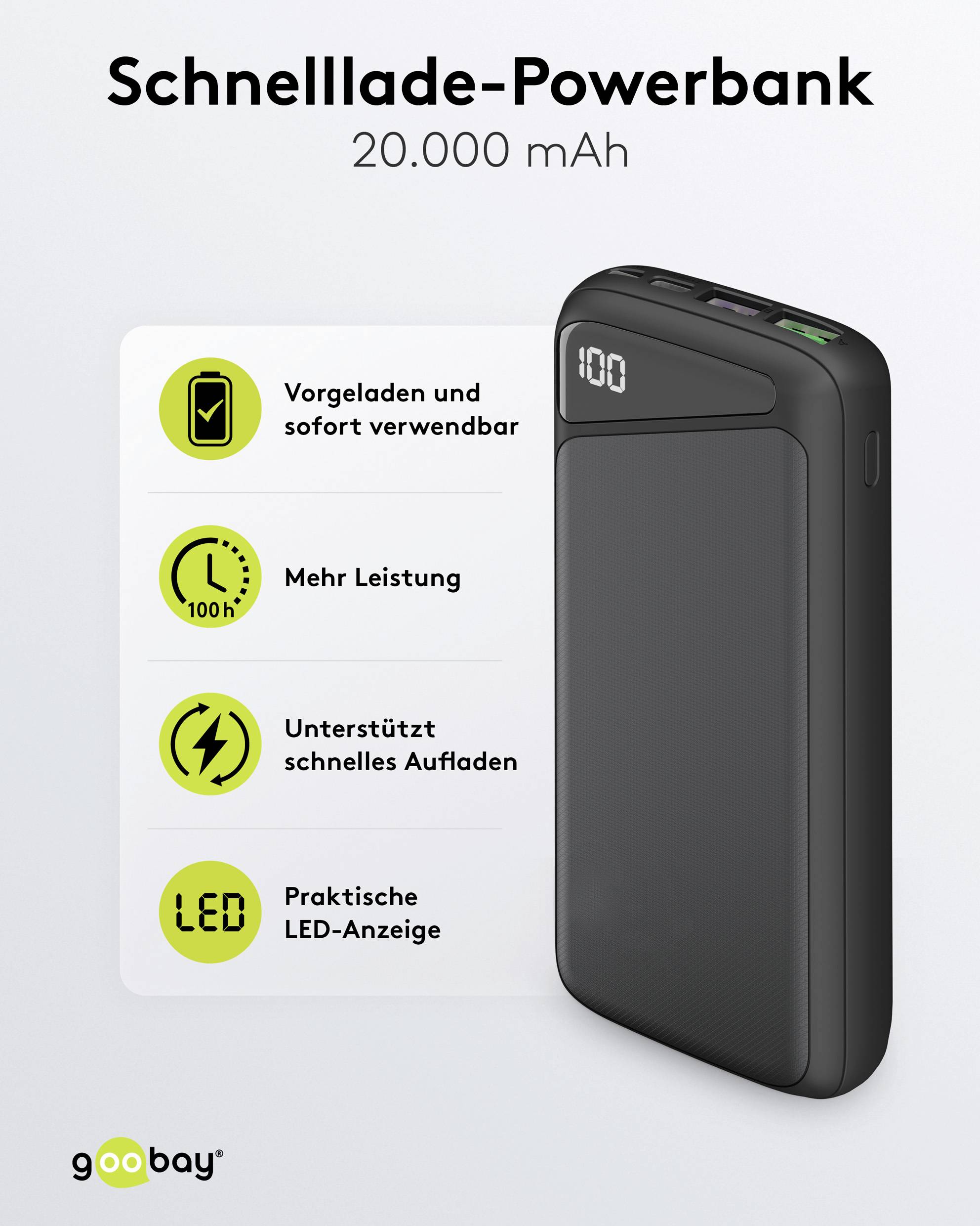 Goobay Powerbank 20000 mAh LiPo Schwarz Statusanzeige