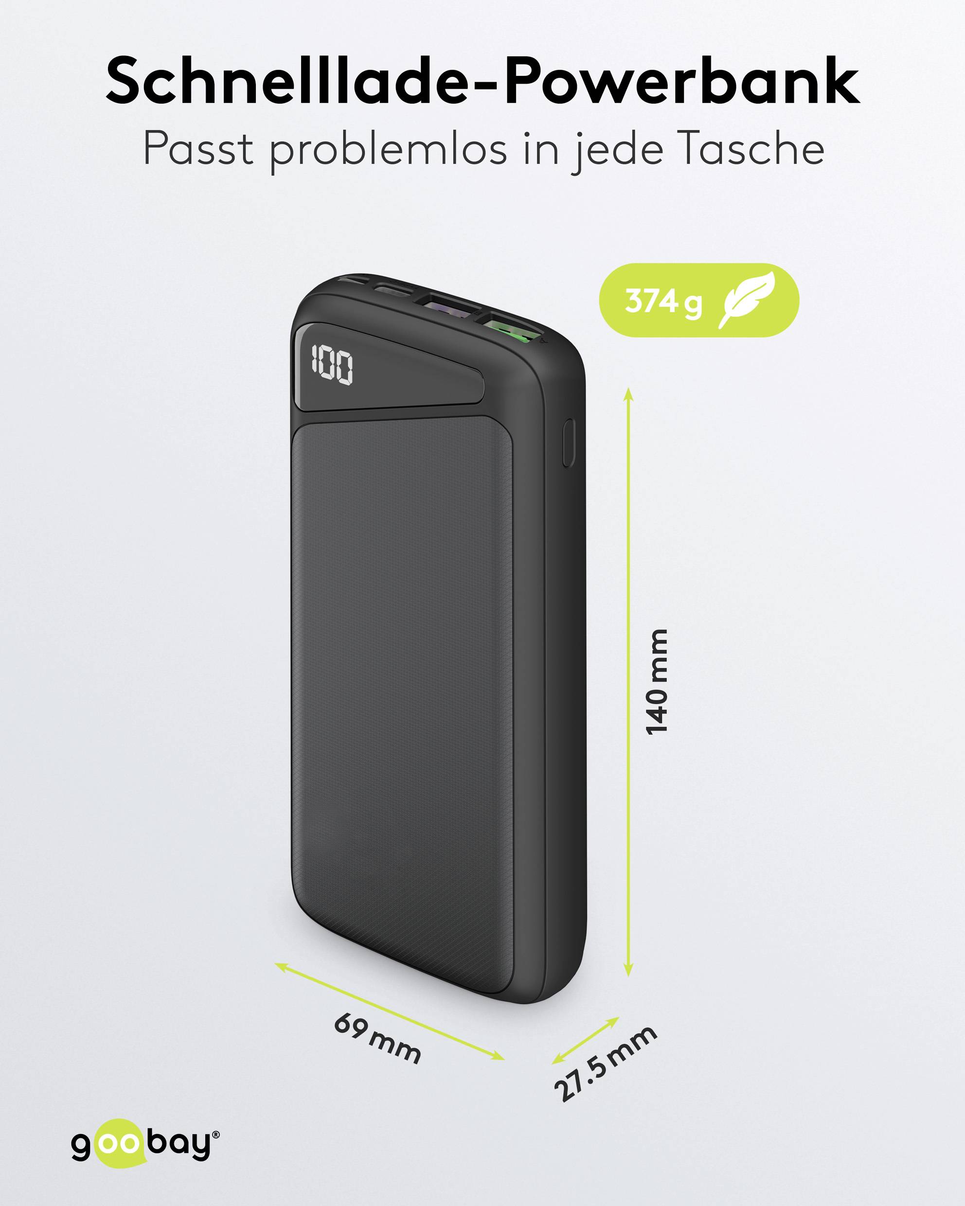 Goobay Powerbank 20000 mAh LiPo Schwarz Statusanzeige