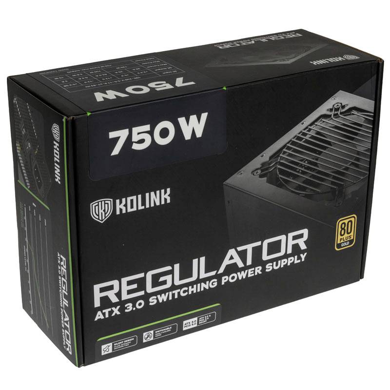 Schwarze Verpackung eines Kolink Netzteils mit der Aufschrift '750W' und 'REGULATOR ATX 3.0 SWITCHING POWER SUPPLY'.