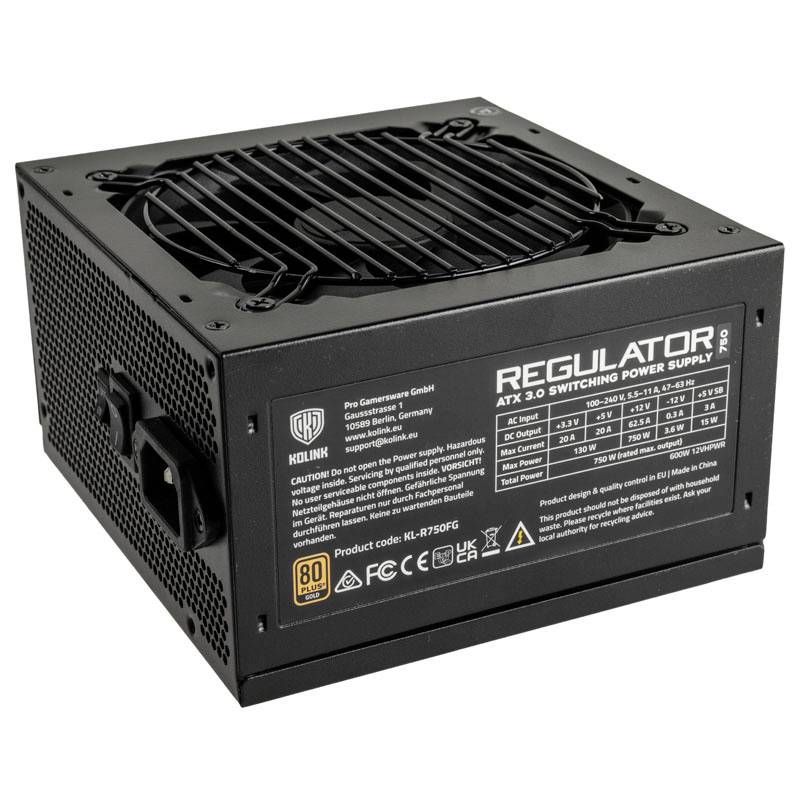 Schwarzes Computernetzteil mit Lüfterfront und seitlichem Emblem 'REGULATOR PRO'. Technische Spezifikationen und Anschlüsse sichtbar.