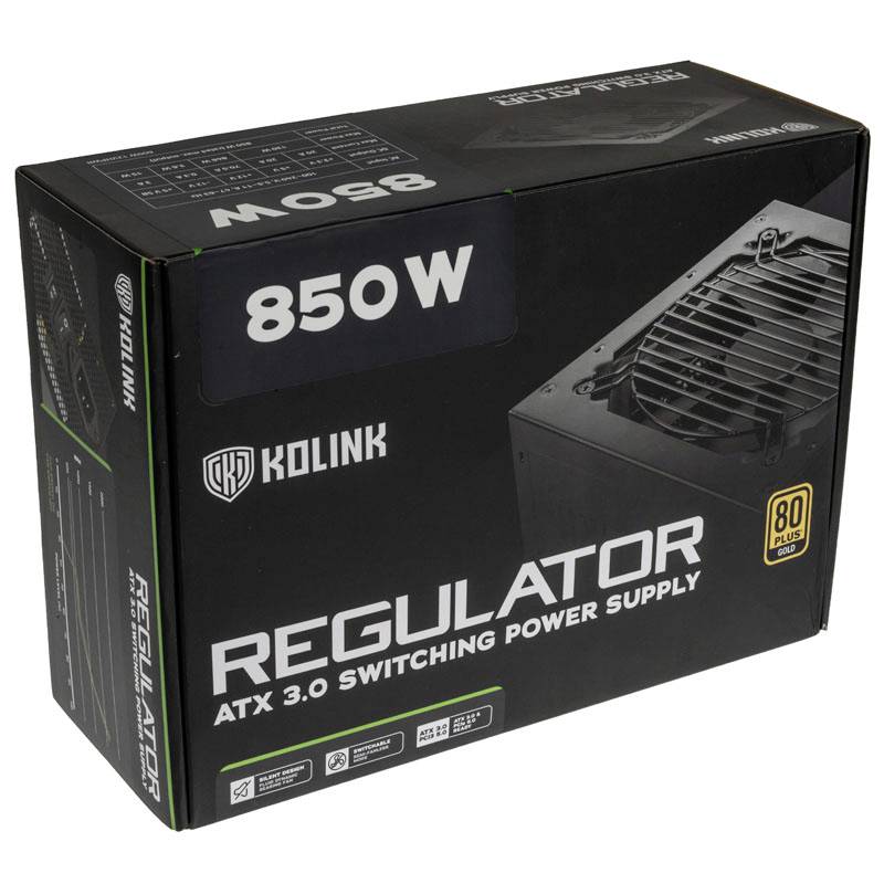 Schwarze Verpackung eines Kolink ATX 3.0 Schaltnetzteils mit 850 W Leistung und 80 Plus Gold Zertifizierung.