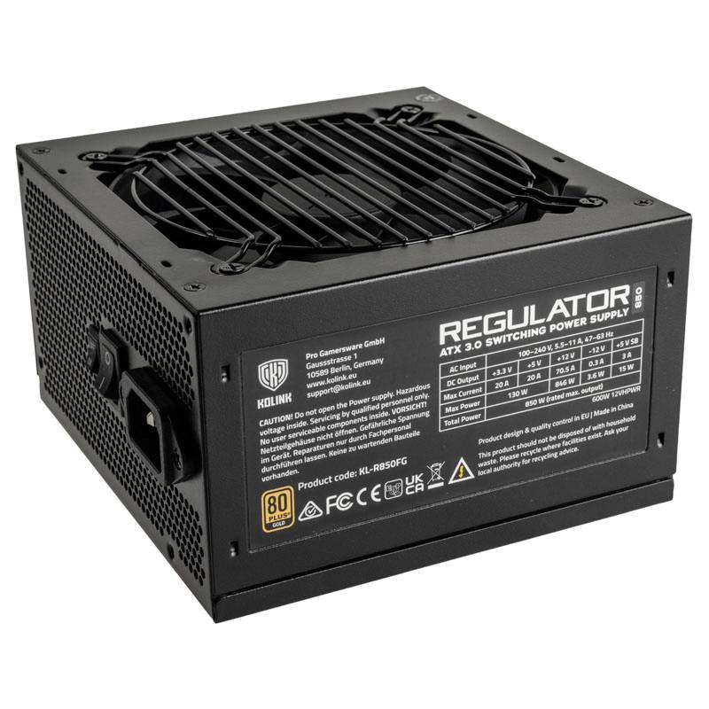 Schwarzes ATX 3.0 Netzteil 'Regulator' von Kolink mit Lüfter und Spezifikationen auf der Seite. 80 Plus Gold Zertifizierung.
