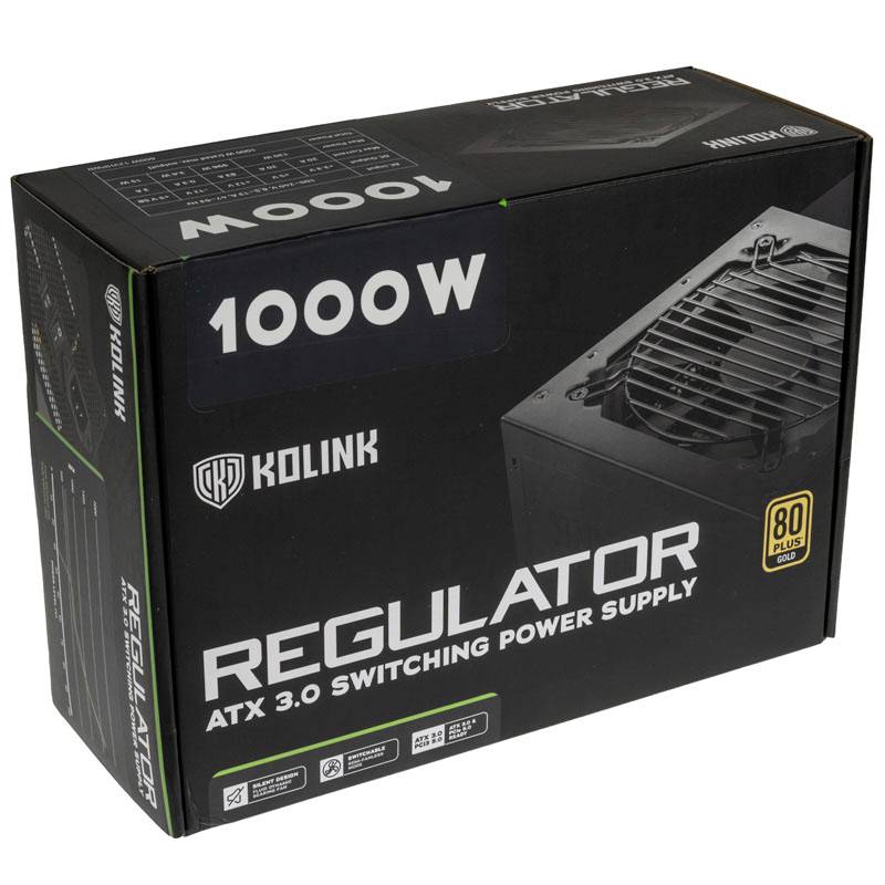 'Kolink Regulator ATX 3.0 Schalt-Netzteil, 1000W, 80 Plus Zertifizierung'. Verpackung zeigt ein Bild des Netzteils.