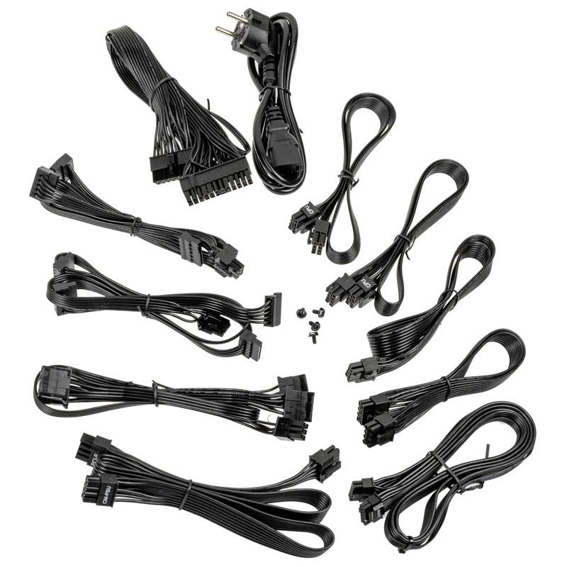 Mehrere schwarze Stromkabel und Stecker für PC-Komponenten, darunter 24-poliges ATX-, 8-poliges CPU- und 6+2-poliges GPU-Kabel.