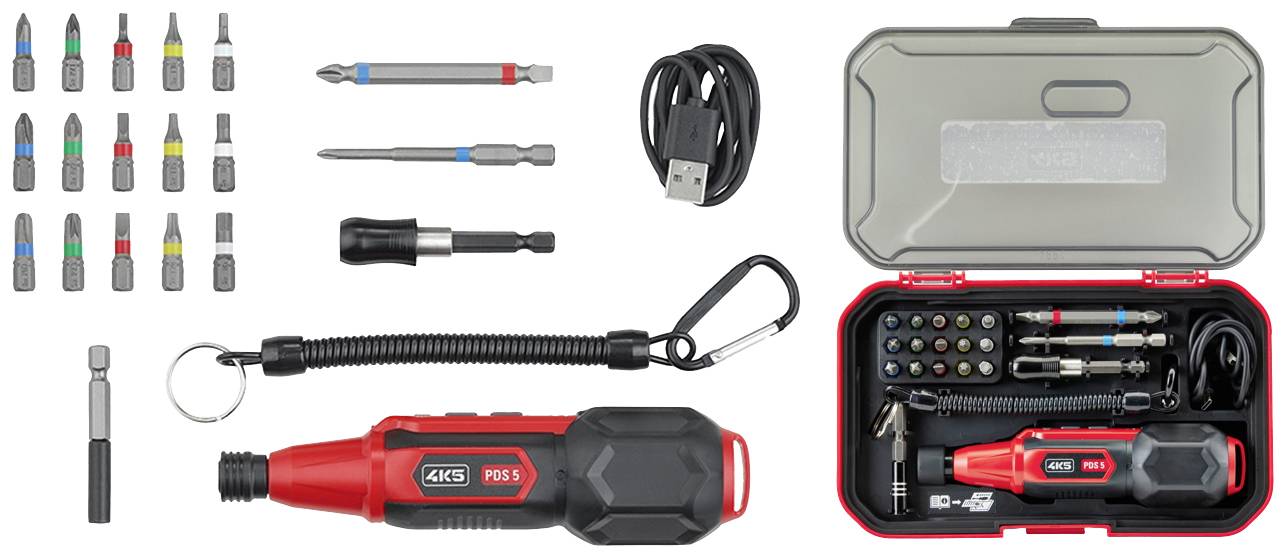 Akkuschrauber-Set mit rotem Schraubendreher, USB-Kabel, verschiedenen Bits und kompaktem Etui zur Aufbewahrung.